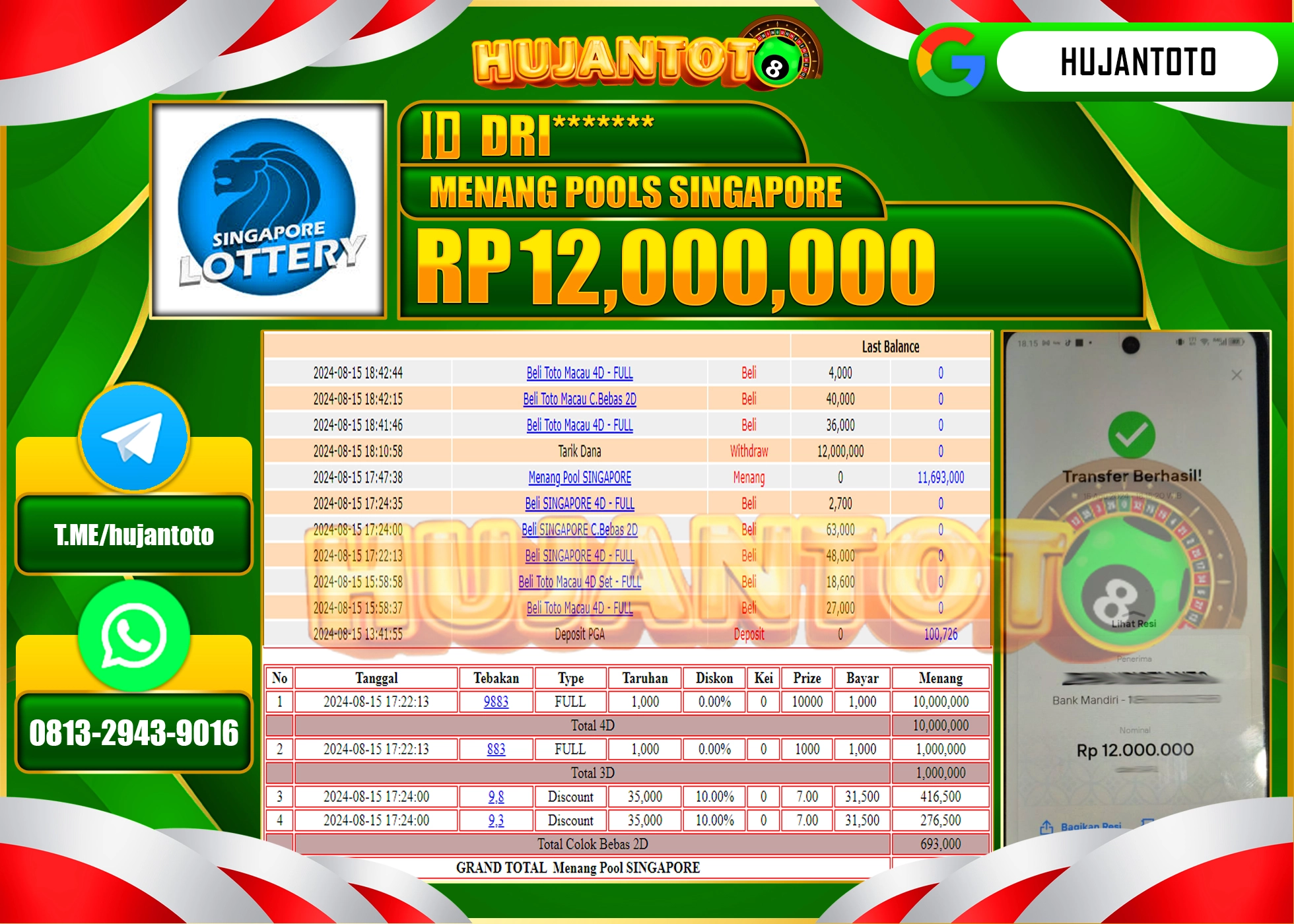 HUJANTOTO MENANG BESAR DI PERMAINAN TOGEL SINGAPORE POOLS 12.000.000  - LUNAS 