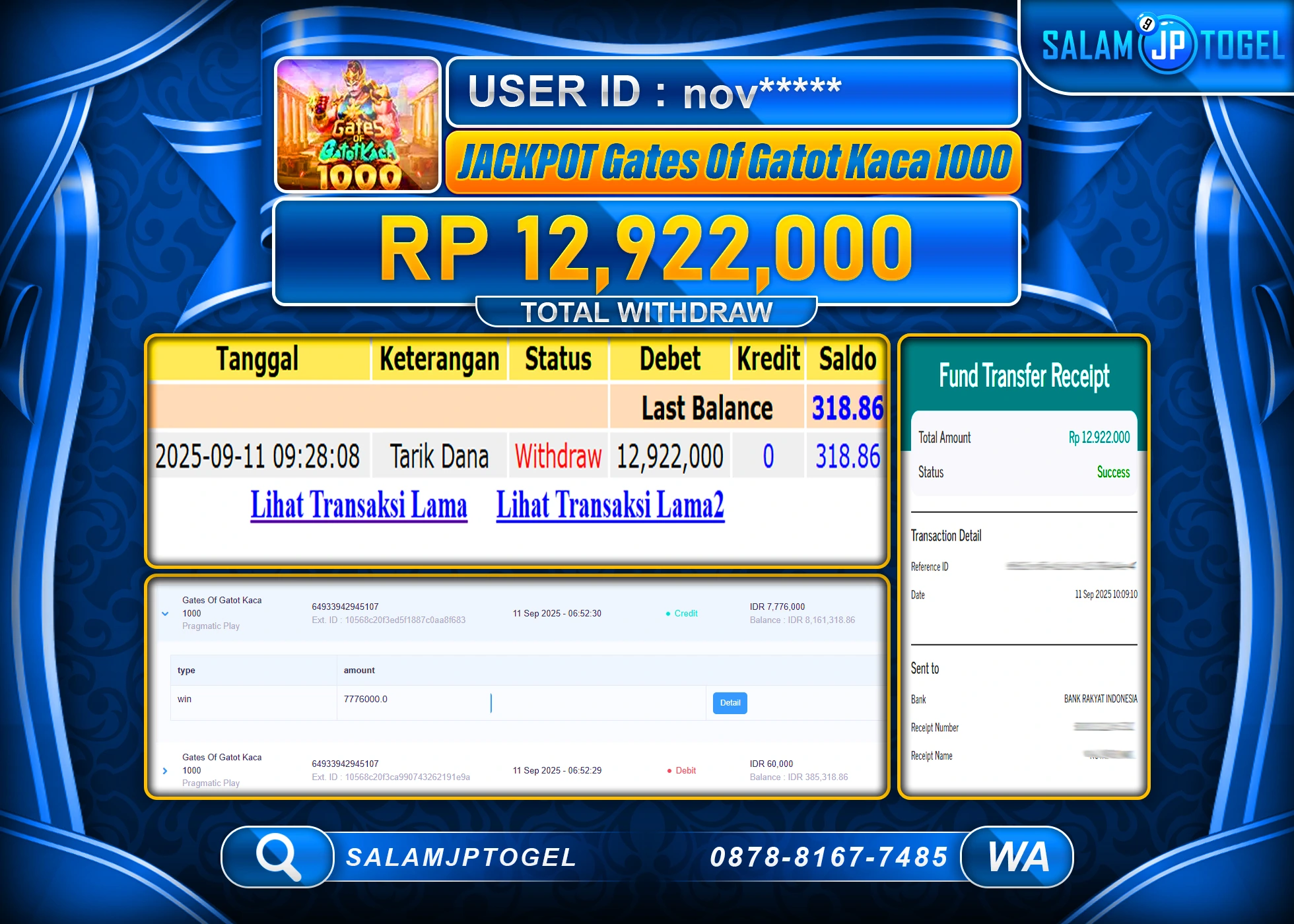 SALAMJPTOGEL MENANG GATES OF GATOT KACA 1000  Rp.12,922,000