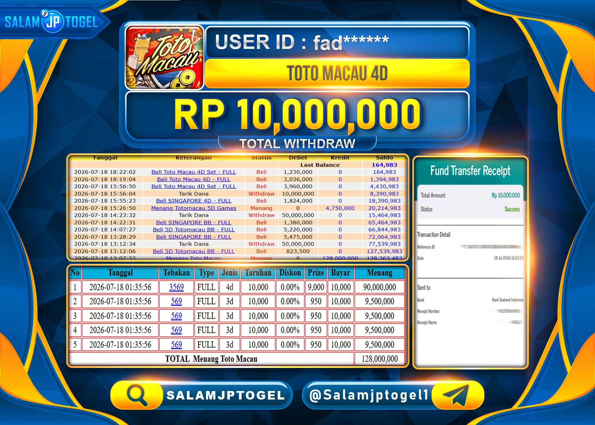 SALAMJPTOGEL JACKPOT MENANG TOGEL TOTO MACAU 4D Rp.10,000,000 - LUNAS