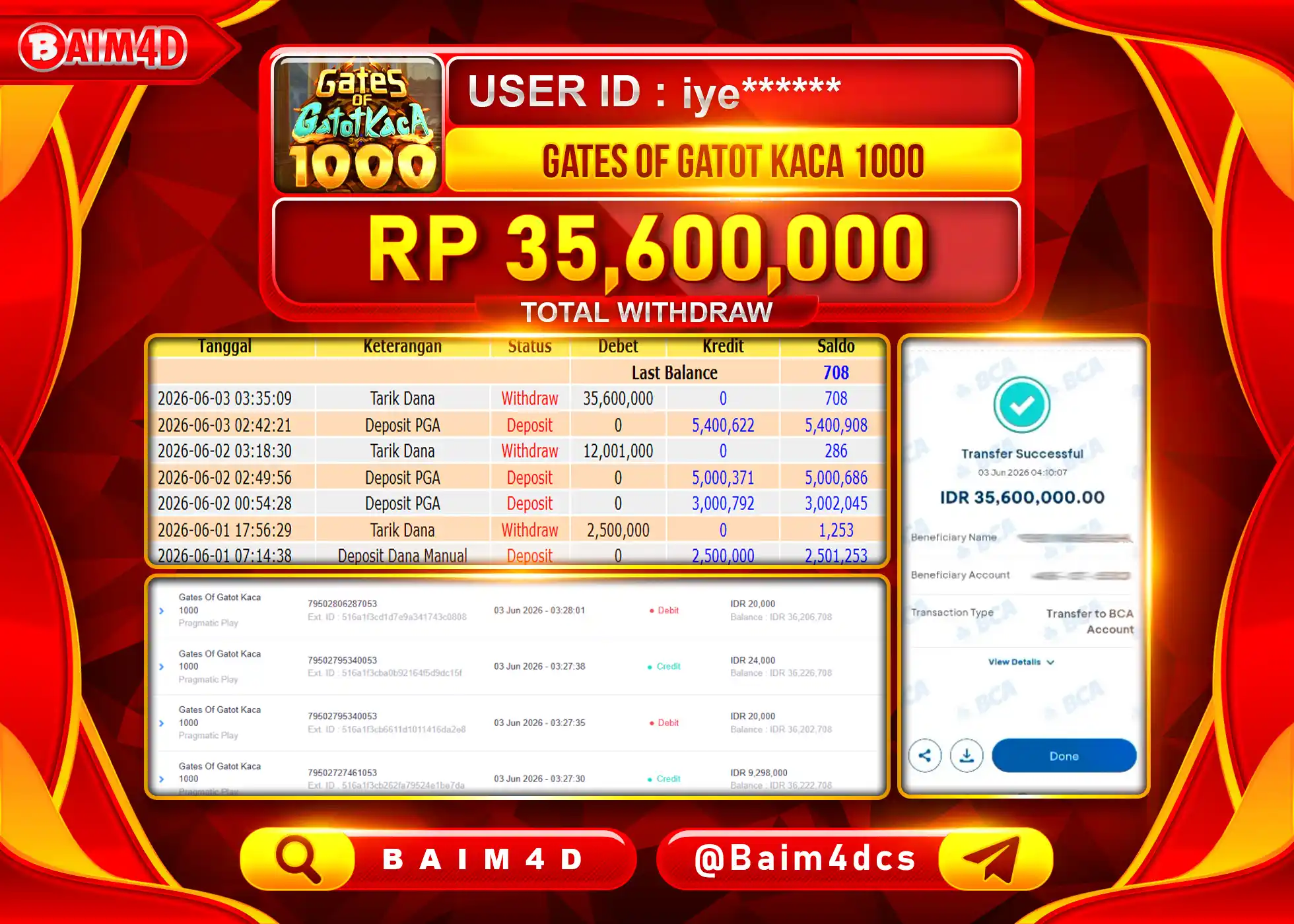 BAIM4D JACKPOT GATES OF GATOT KACA 1000 Rp.35,600,000 - LUNAS