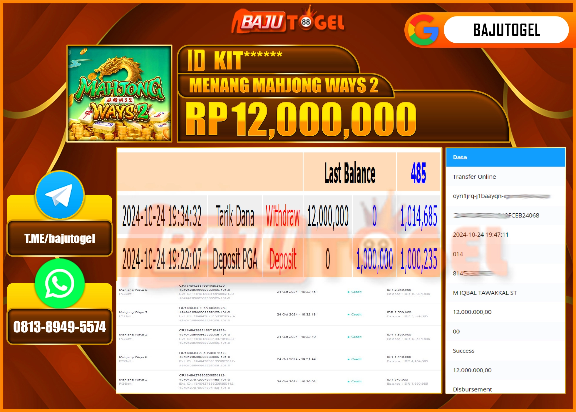 BAJUTOGEL JACKPOT MAHJONG WAYS 2 Rp 12,000,000 LUNAS