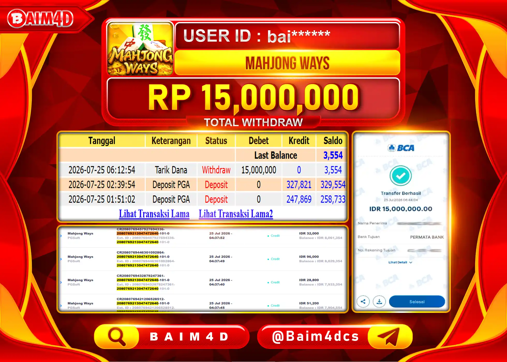 BAIM4D JACKPOT SLOT MAHJONG WAYS PG SOFT Rp.15,000,000 - LUNAS