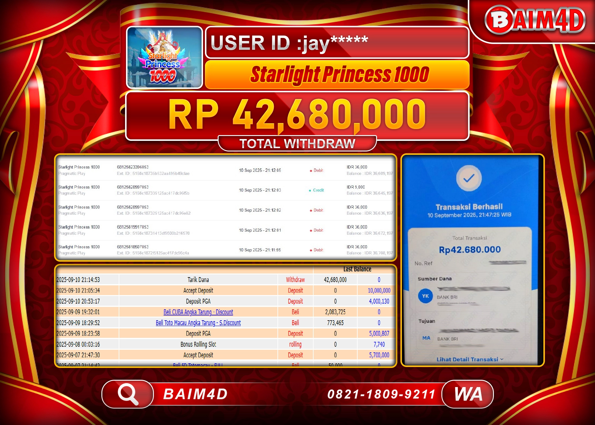 BAIM4D JACKPOT SLOT STARLIGHT PRINCESS 1000 Rp.42,680,000.- LUNAS