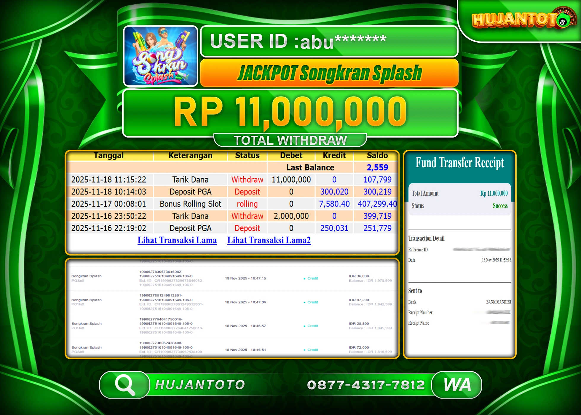 HUJANTOTO - BUKTI JACKPOT MENANG SLOT SONGKRAN SPLASH Rp.11,000,000 - TERBAYAR LUNAS