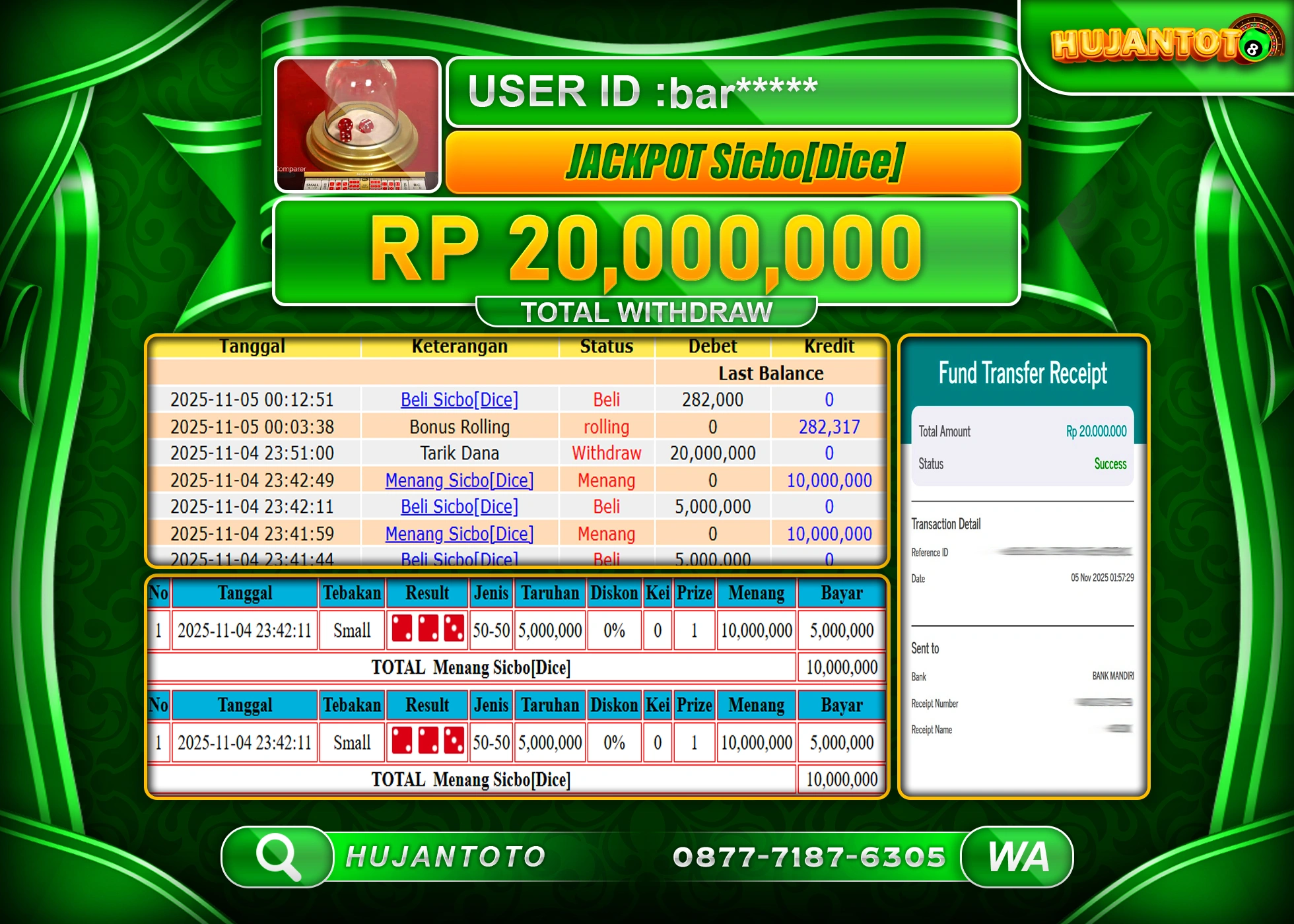 HUJANTOTO - BUKTI JACKPOT MENANG LIVEGAME SICBO [DICE] Rp.20,000,000 - TERBAYAR LUNAS