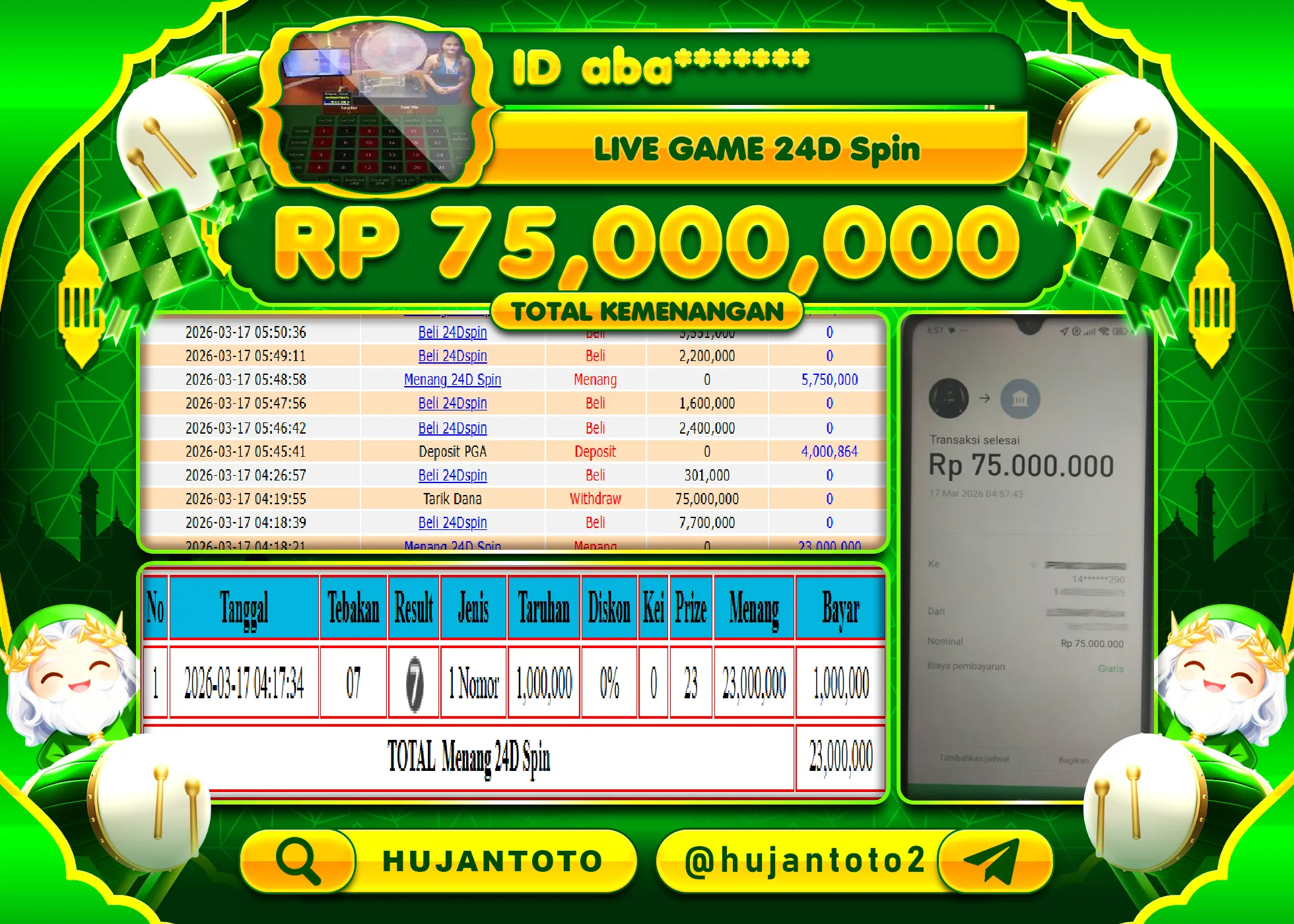 HUJANTOTO - BUKTI JACKPOT MENANG LIVEGAME 24D SPIN Rp.75,000,000 - TERBAYAR LUNAS