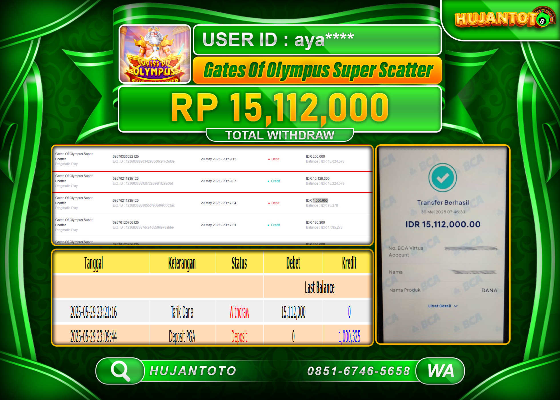  HUJANTOTO - BUKTI JACKPOT MENANG SLOT GATES OF OLYMPUS SUPER SCETTER  Rp.15,112,000 - TERBAYAR LUNAS