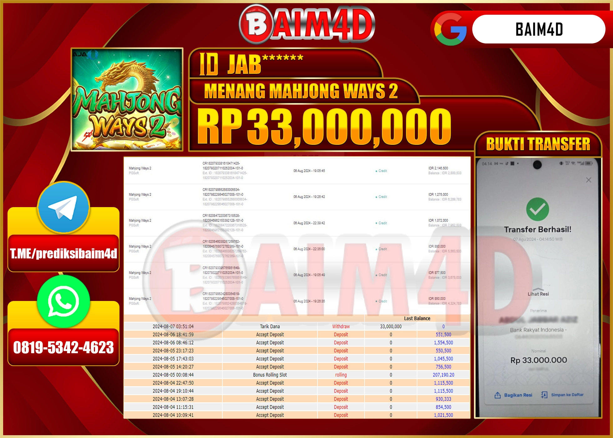 BAIM4D JACKPOT MAHJONG WAYS 2 Rp.33.000,000.- LUNAS