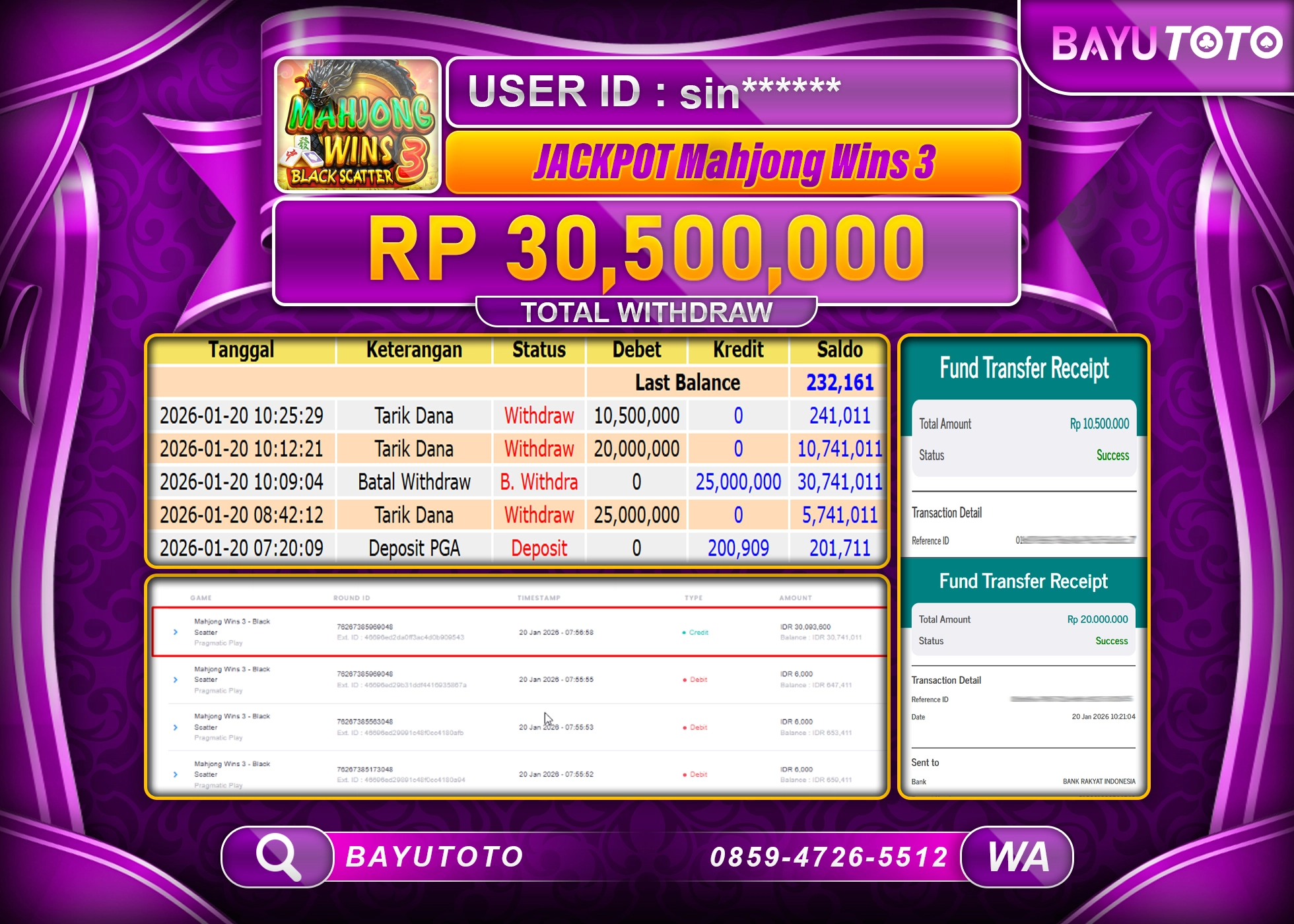 SELAMAT KEPADA MEMBER BAYUTOTO JACKPOT DI SLOT MAHJONG WIN 3  Rp. 30,500,000 LUNAS