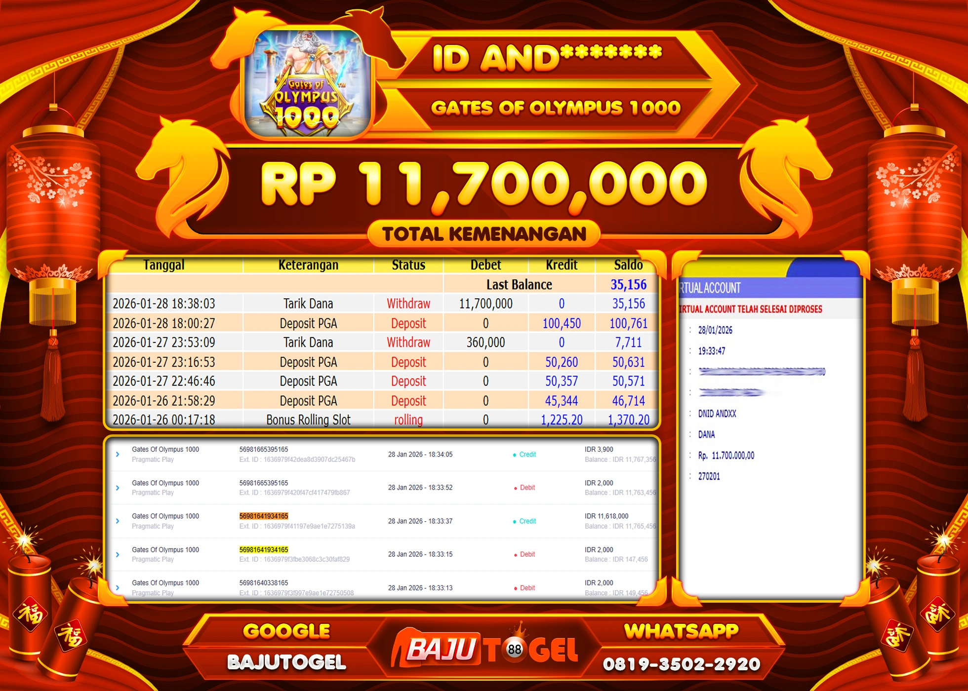 BAJUTOGEL KEMENANGAN JACKPOT DI SLOT GATES OF OLYMPUS 1000 Rp.11,700,000 LUNAS