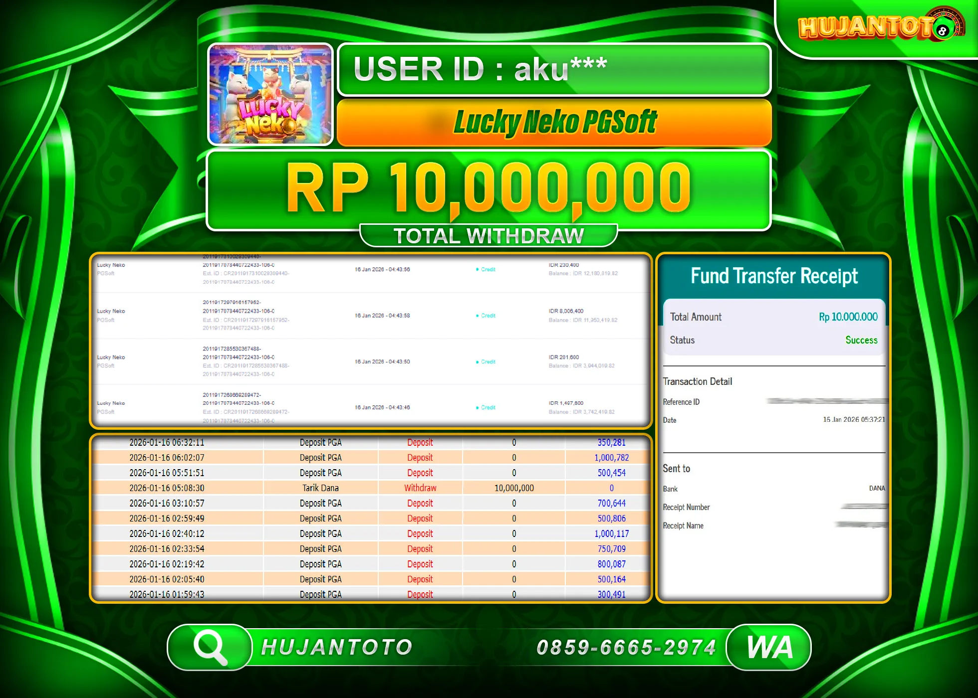HUJANTOTO - BUKTI JACKPOT MENANG SLOT LUCKY NEKO PGSOFT Rp.10,000,000 - TERBAYAR LUNAS