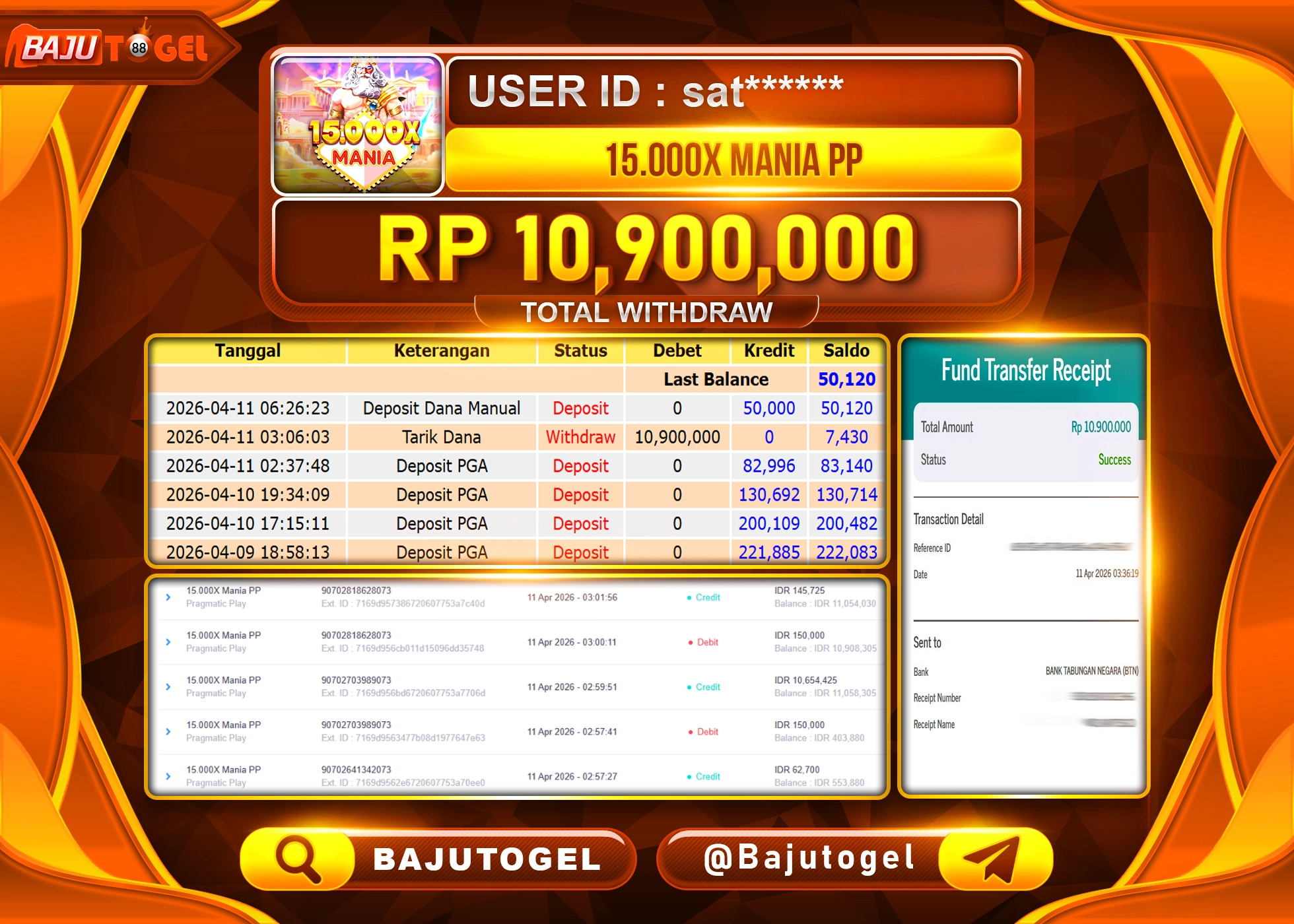 BAJUTOGEL KEMENANGAN DI SLOT 15.000X MANIA PP  Rp.10,900,000 LUNAS