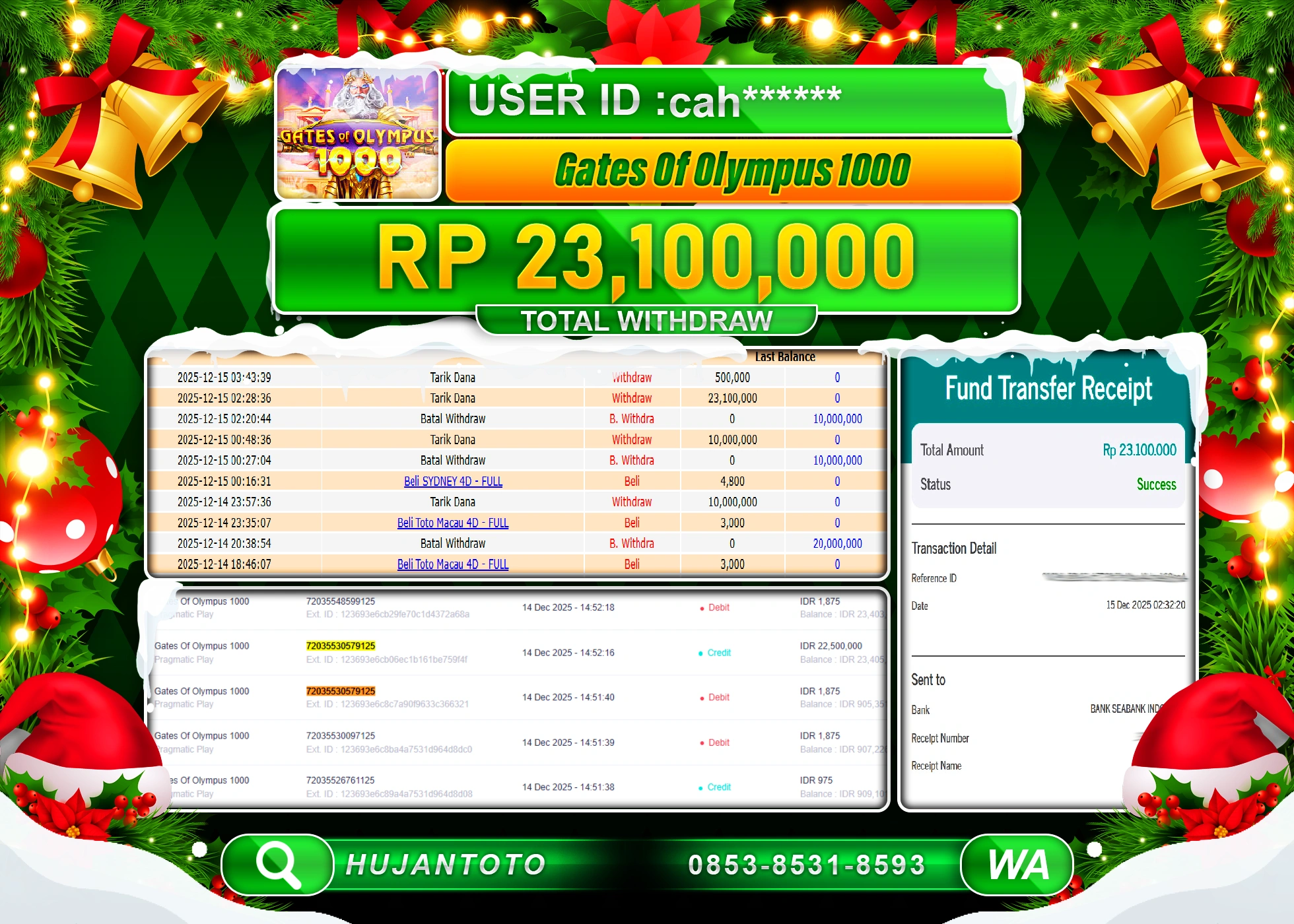 HUJANTOTO - BUKTI JACKPOT MENANG SLOT GATES OF OLYMPUS 1000 Rp.23,100,000 - TERBAYAR LUNAS