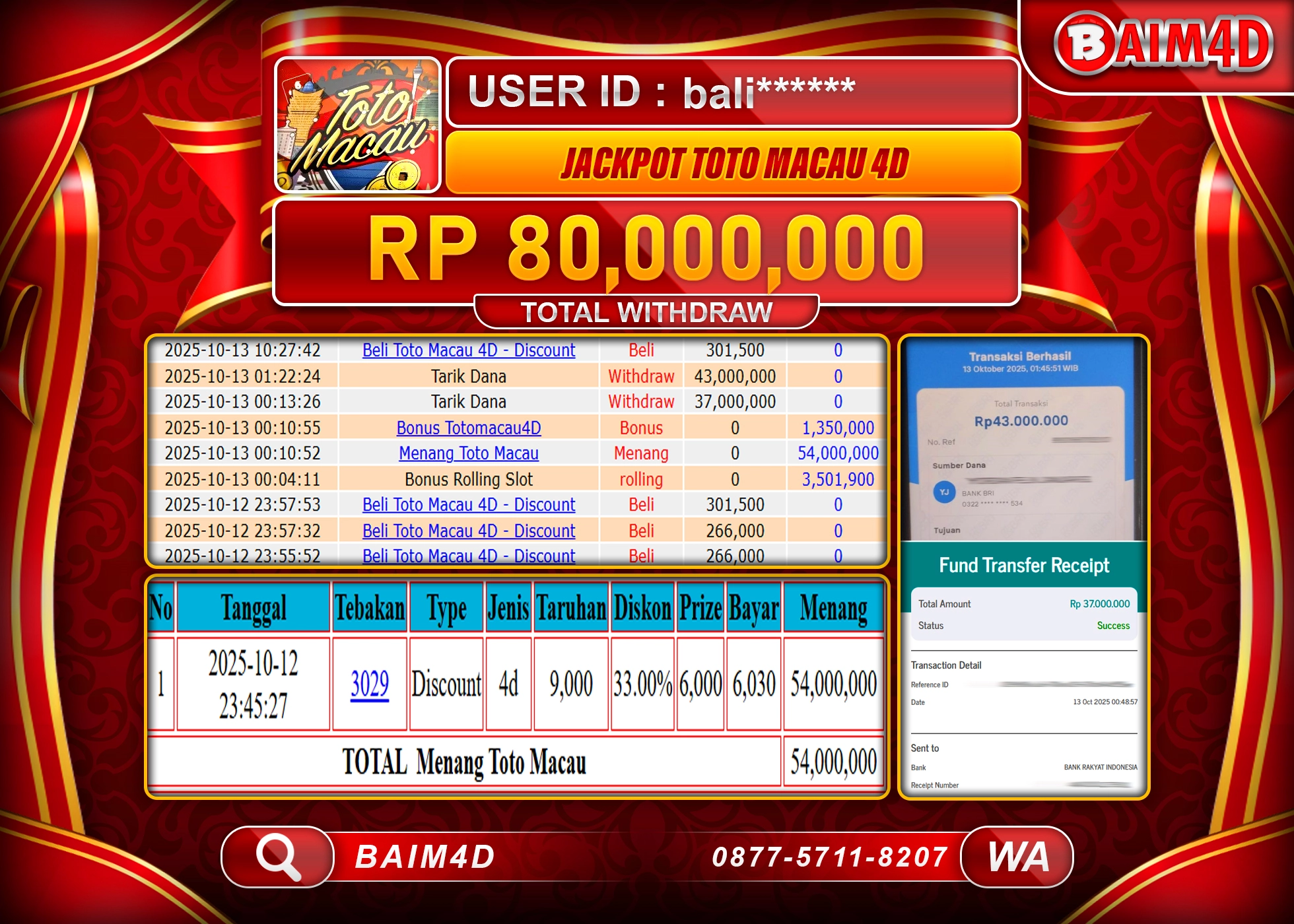 BAIM4D JACKPOT TOGEL TOTO MACAU 4D GAMES  Rp.80,000,000.- LUNAS