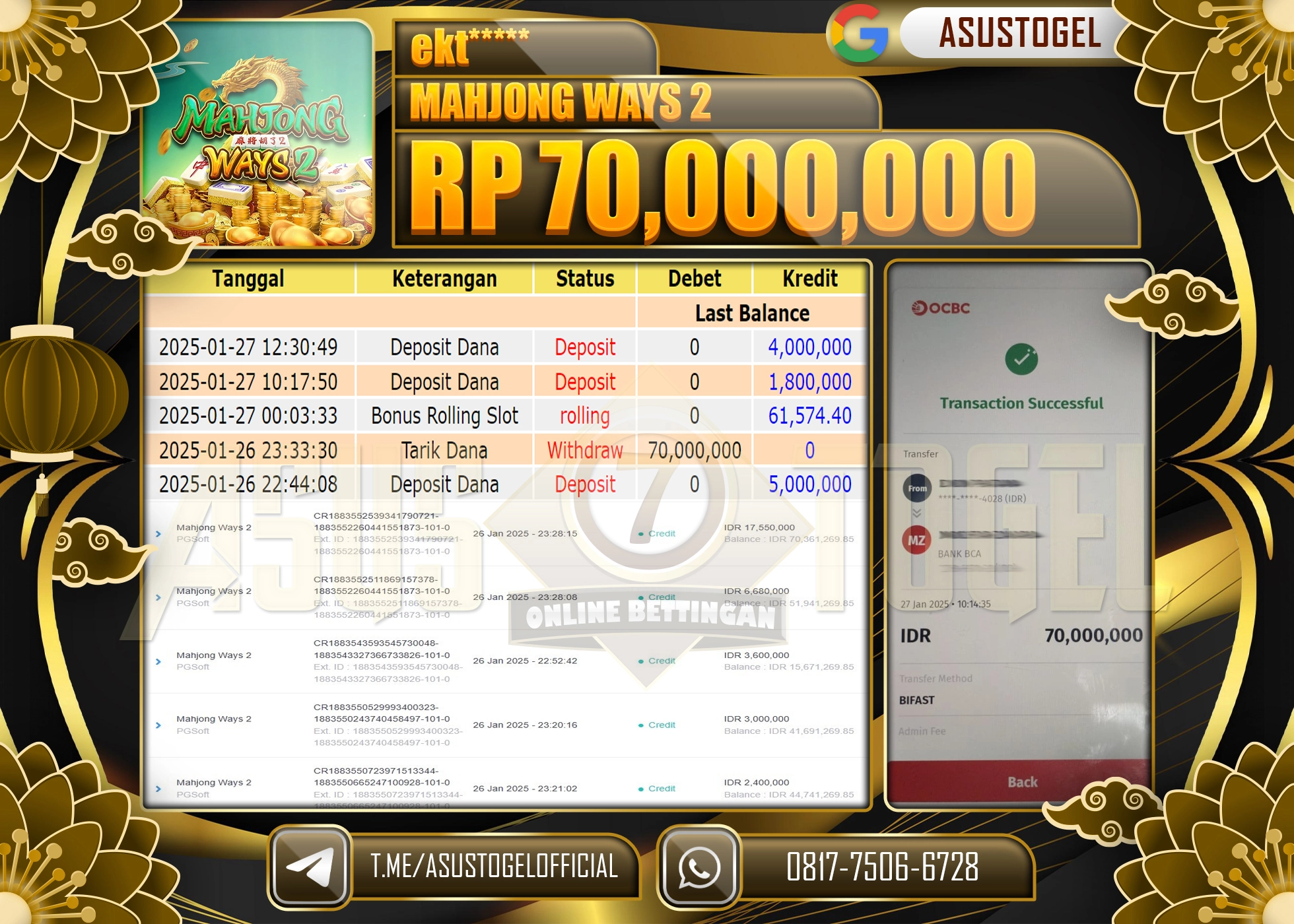 ASUSTOGEL KEMENANGAN DI MAHJONG WAYS 2 SEBESAR 70.000.000 - RUPIAH LUNAS