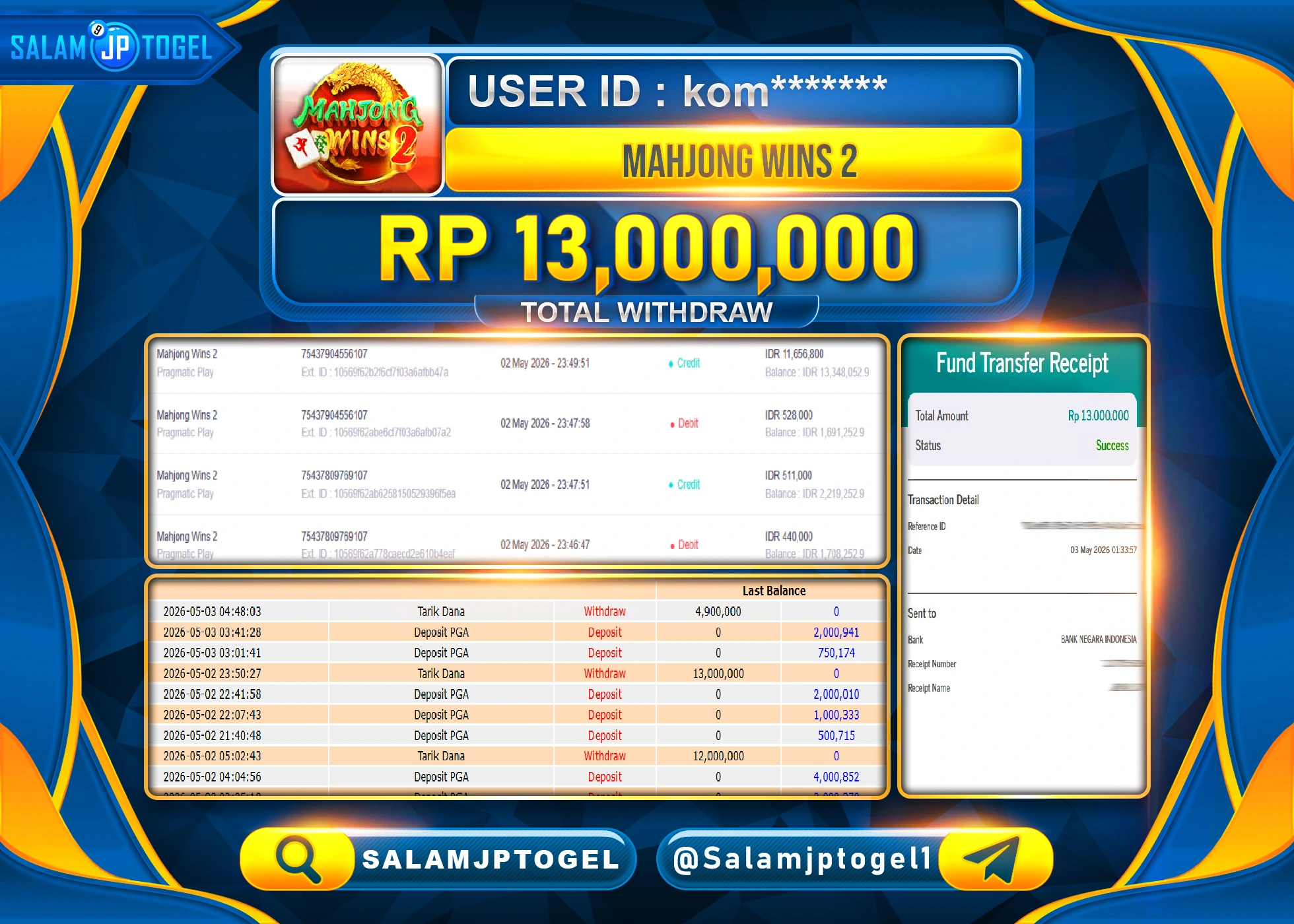 SALAMJPTOGEL MENANG:Mahjong Wins  (PragmaticPlay) Rp.13,000,000- LUNAS