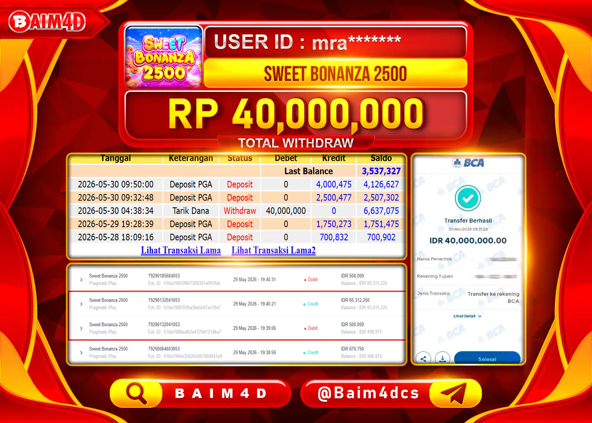 BAIM4D JACKPOT SLOT SWEET BONANZA 2500 Rp.40,000,000 - LUNAS