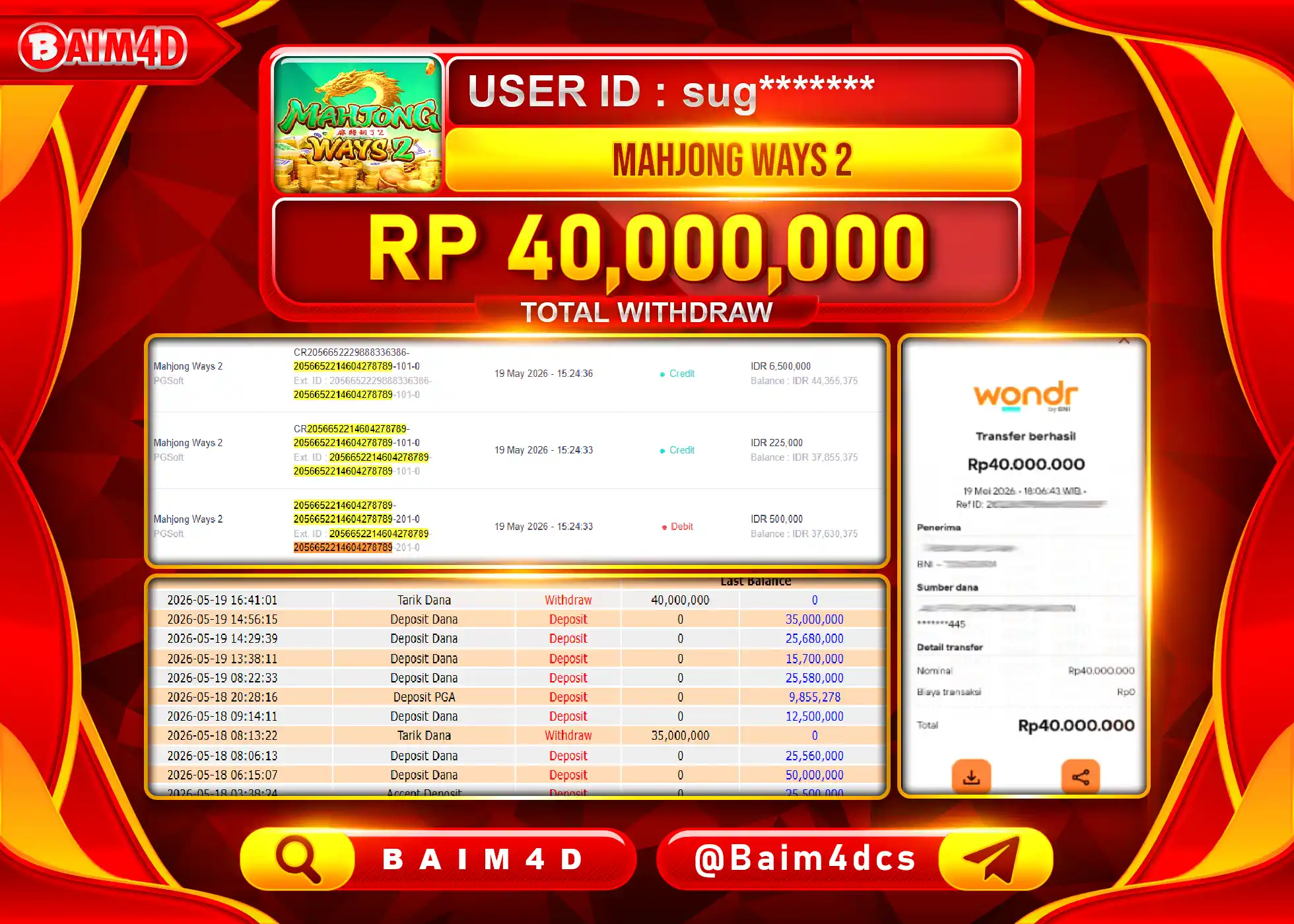 BAIM4D JACKPOT SLOT MAHJONG WAYS 2 Rp.40,000,000 - LUNAS