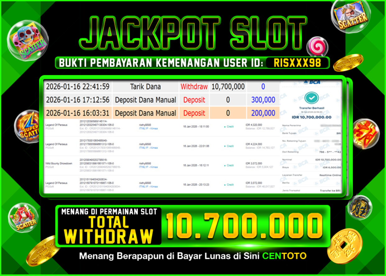 BUKTI JACKPOT SLOT CENTOTO  RP.10.700.000,-LUNAS