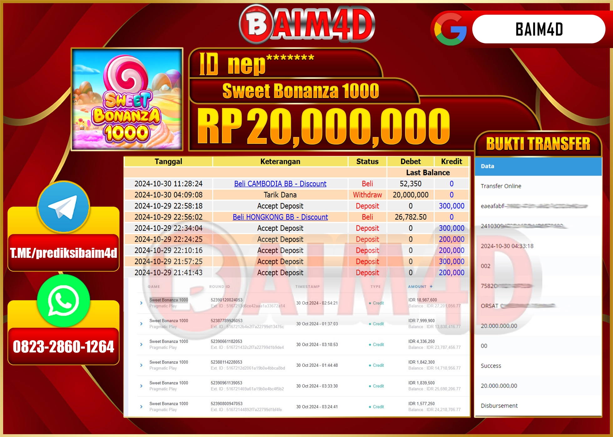 BAIM4D JACKPOT SWEET BONANZA 1000 Rp.20.000,000.- LUNAS