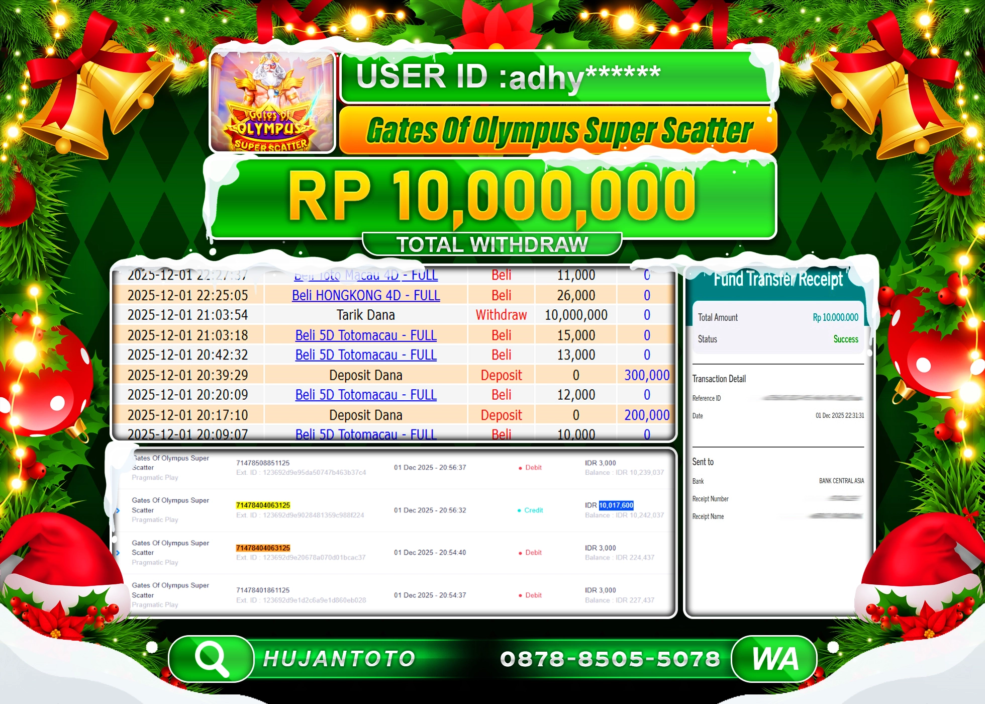 HUJANTOTO - BUKTI JACKPOT MENANG GATES OF OLYMPUS SUPER SCATTER Rp.10,000,000 - TERBAYAR LUNAS
