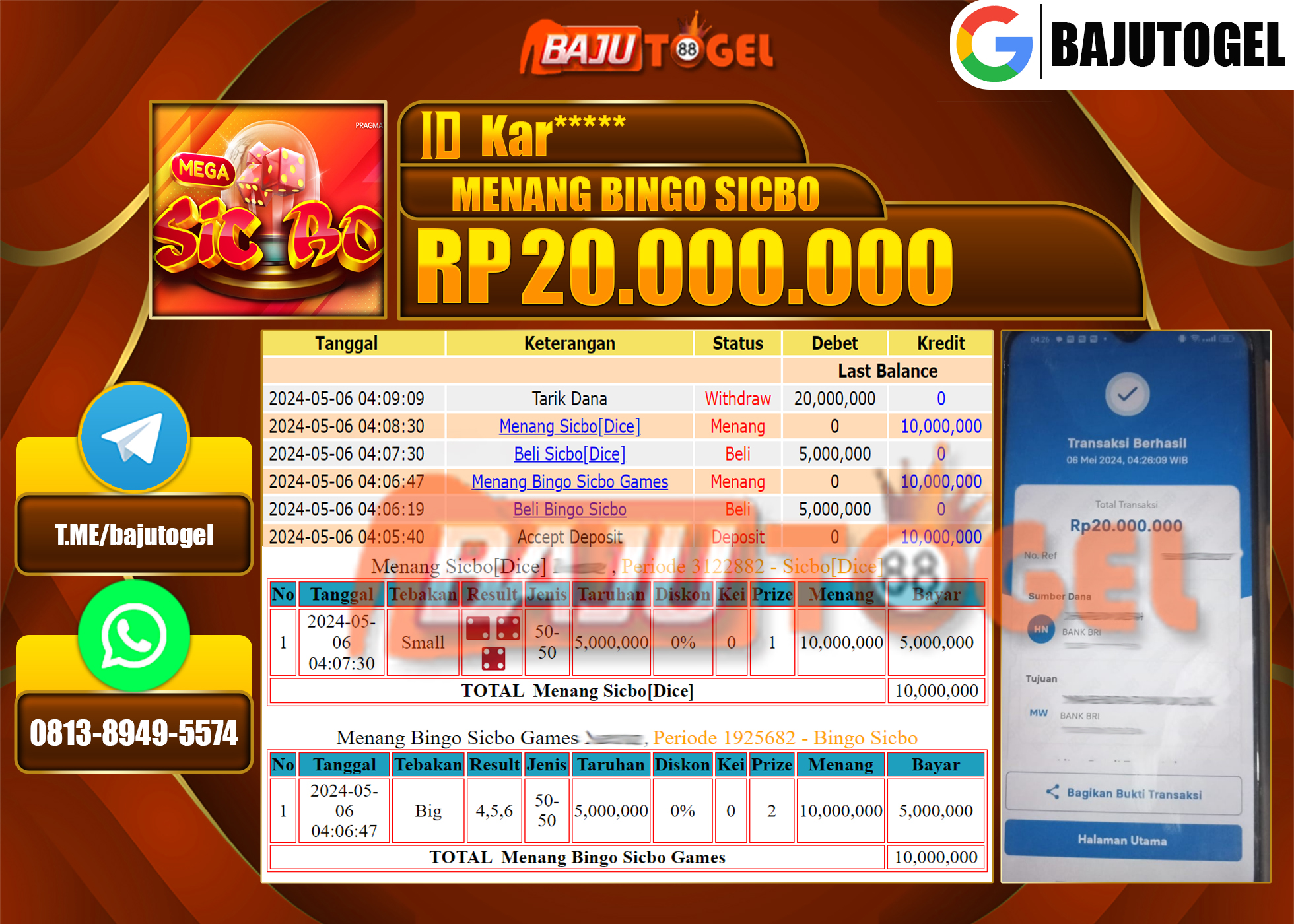 BAJUTOGEL JACKPOT LIVE CASINO SICBO Rp.20.000.000 LUNAS