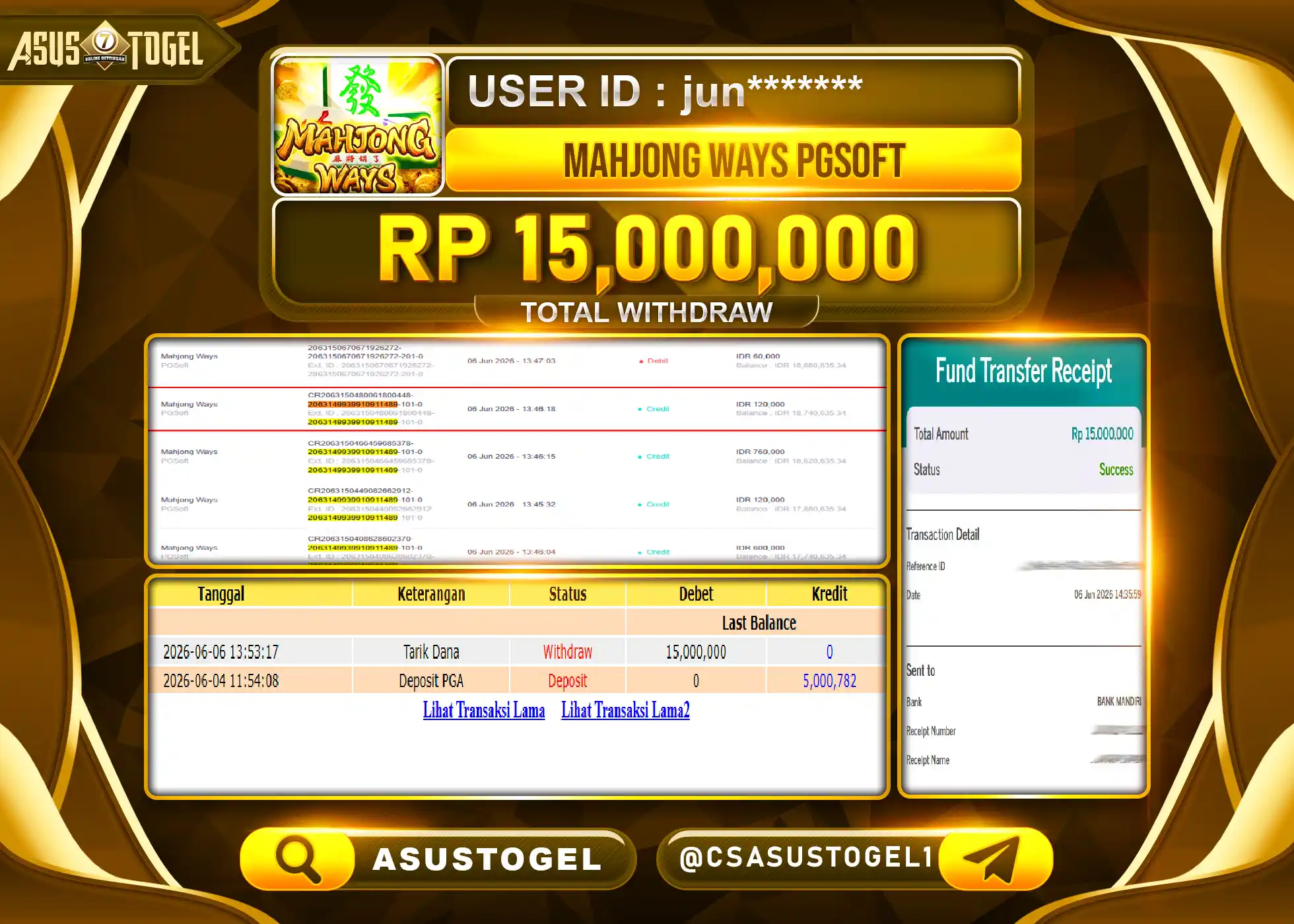 ASUSTOGEL KEMENANGAN JACKPOT SLOT MAHJONG WAYS PGSOFT Rp.15,000,000 - RUPIAH LUNAS