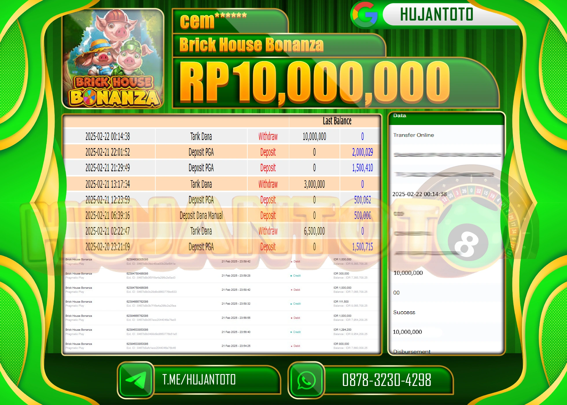 HUJANTOTO - BUKTI JACKPOT MENANG SLOT BRICK HOUSE BONANZA Rp,10,000,000 - TERBAYAR LUNAS