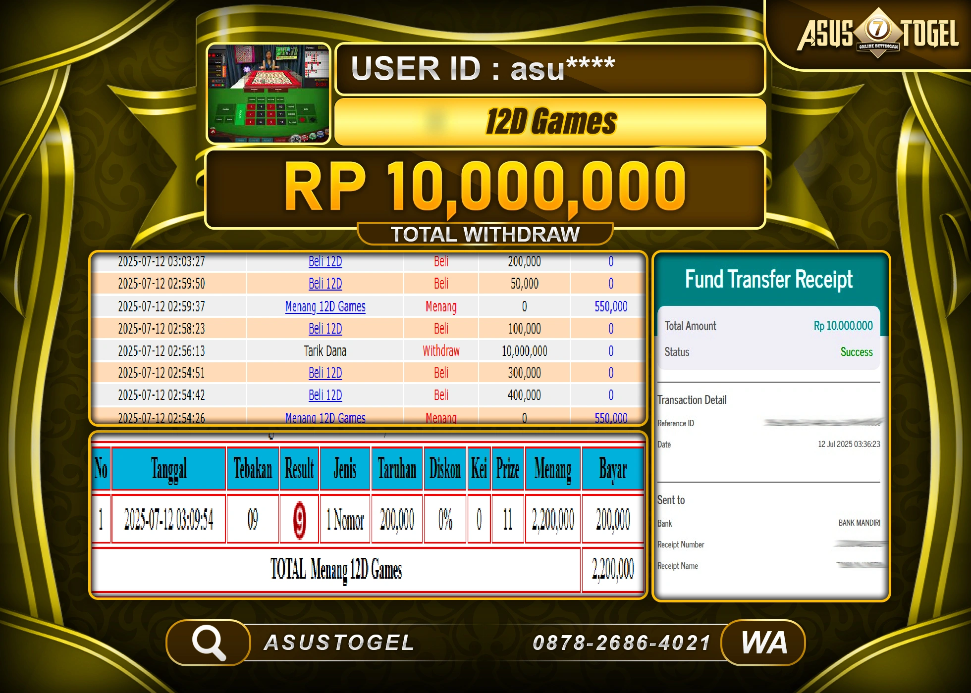 ASUSTOGEL KEMENANGAN DI LIVE GAME 12D SPIN SEBESAR 10,000,000- RUPIAH LUNAS
