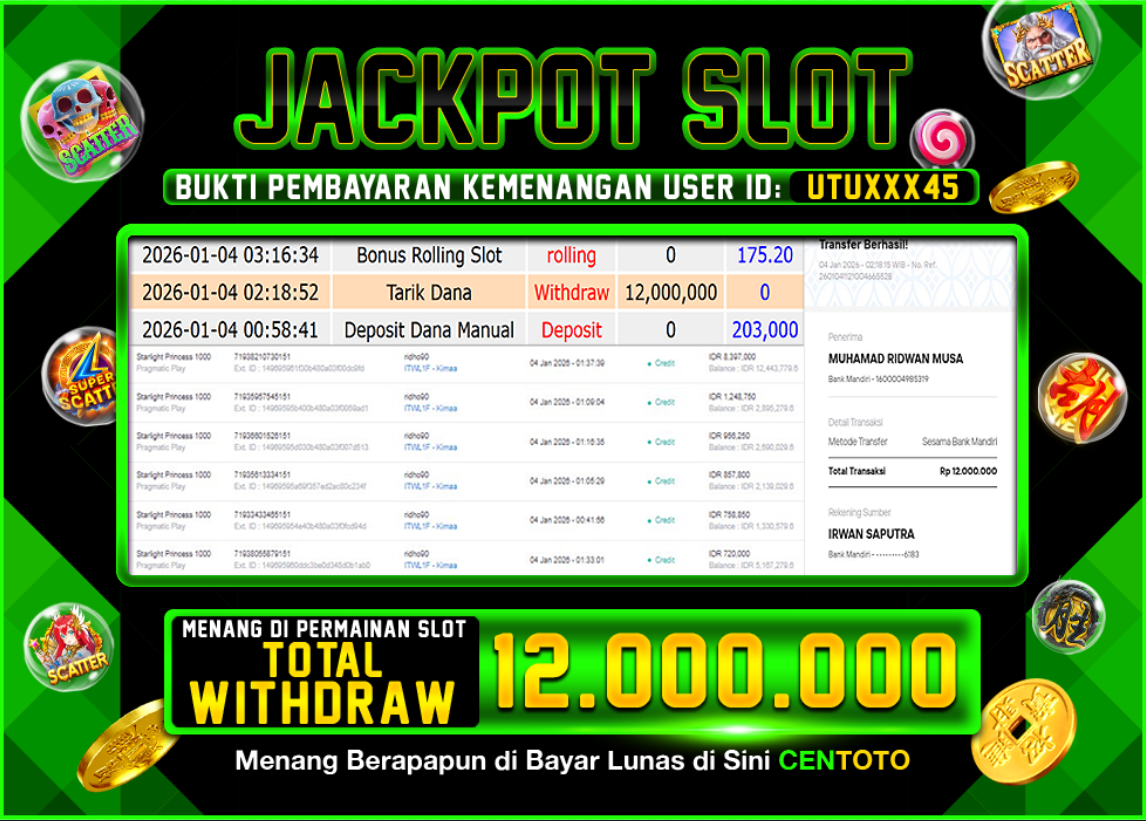 BUKTI JACKPOT SLOT CENTOTO  RP.12.000.000,-LUNAS