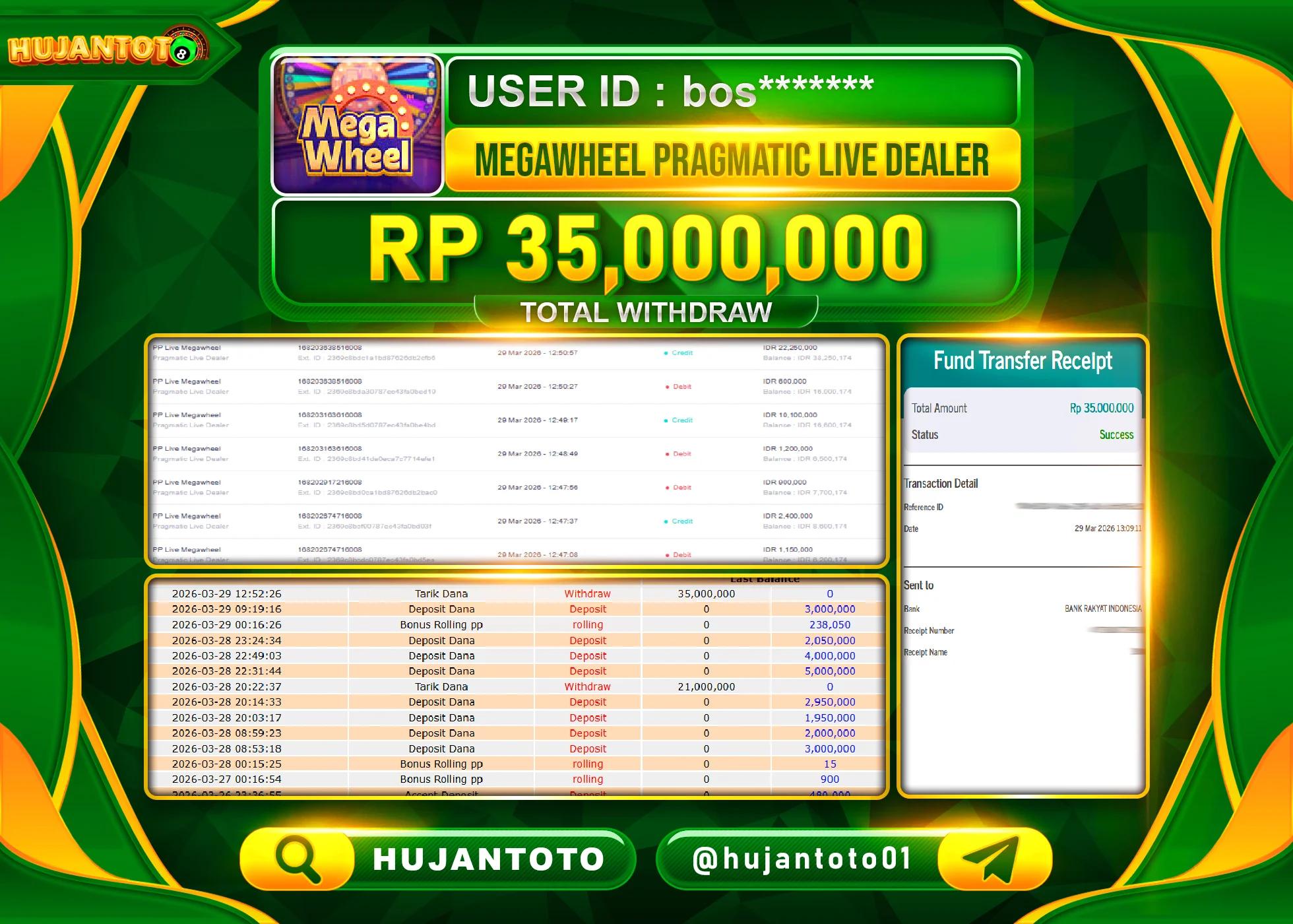 HUJANTOTO - BUKTI JACKPOT MENANG MEGAWHEEL PRAGMATIC LIVE DEALER Rp.35,000,000 - TERBAYAR LUNAS