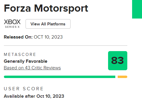 Metacritic - Forza Motorsport 7 - early reviews (and reviews-in