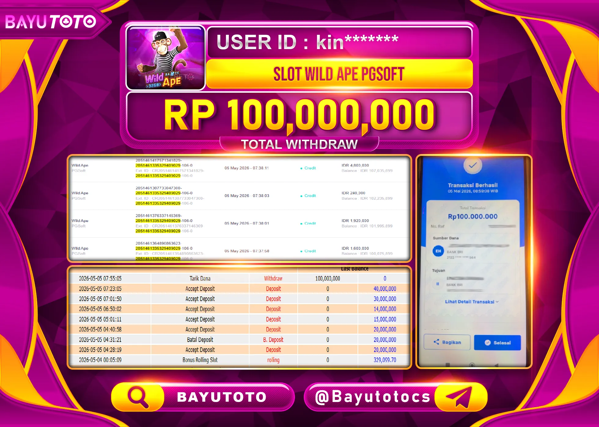 SELAMAT MEMBER SETIA BAYUTOTO JACKPOT DI SLOT WILD APE Rp. 100,000,000 LUNAS