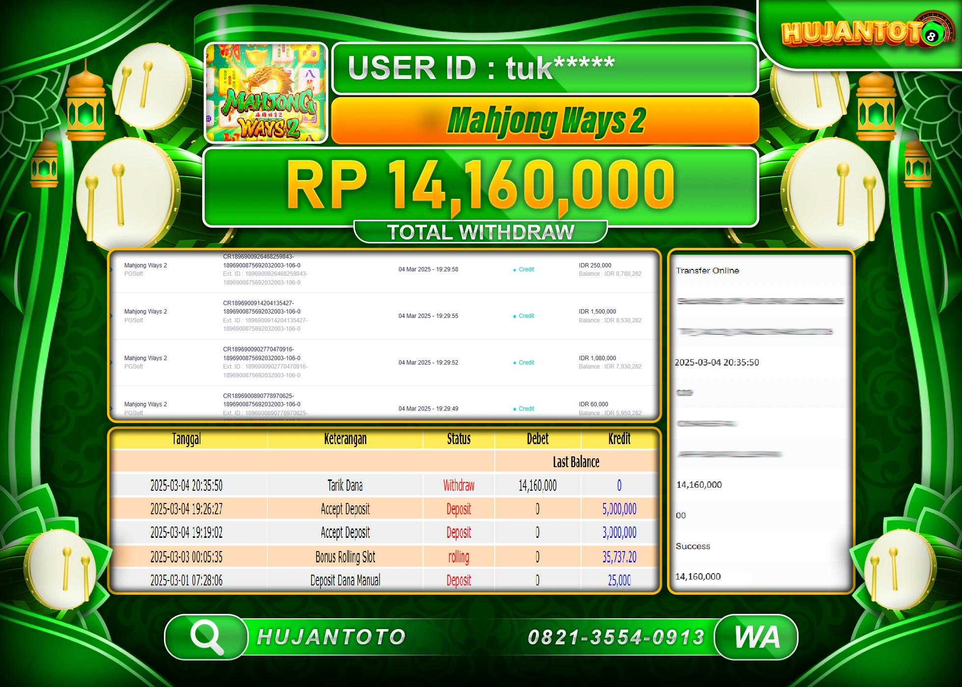 HUJANTOTO - BUKTI JACKPOT MENANG SLOT PG SOFT MAHJONG WAYS 2, Rp,14,160,000 - TERBAYAR LUNAS