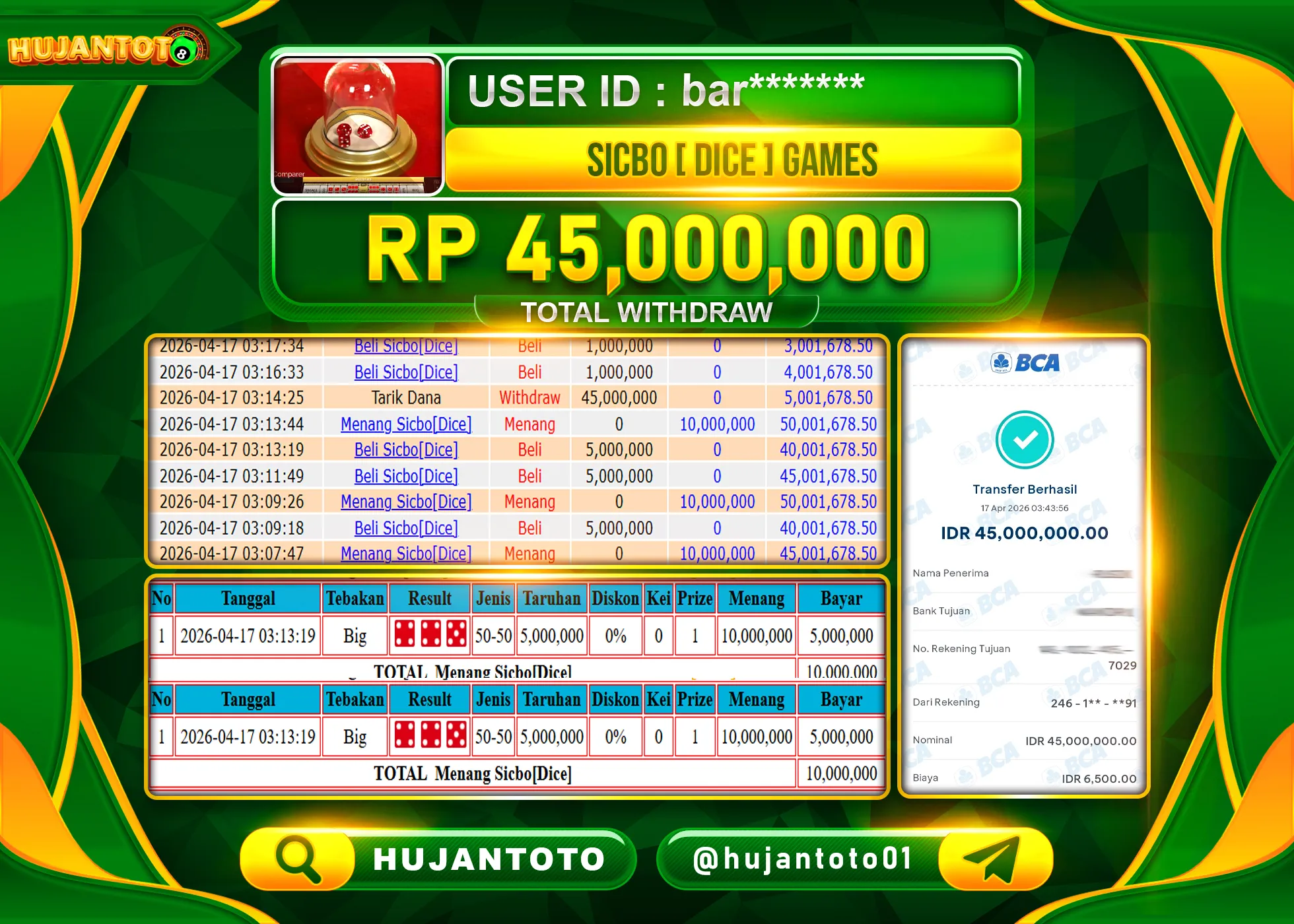 HUJANTOTO - BUKTI JACKPOT MENANG SICBO DICE LIVE GAMES Rp.45,000,000 - TERBAYAR LUNAS