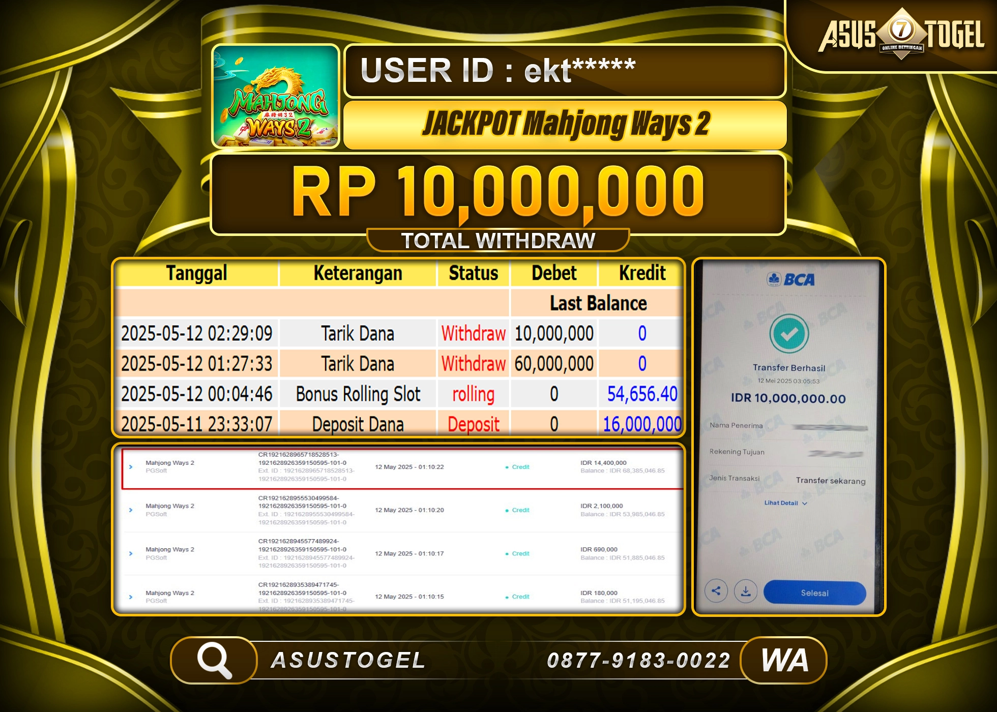 ASUSTOGEL KEMENANGAN DI SLOT MAHJONG WAYS 2 SEBESAR 10,000,000- RUPIAH LUNAS