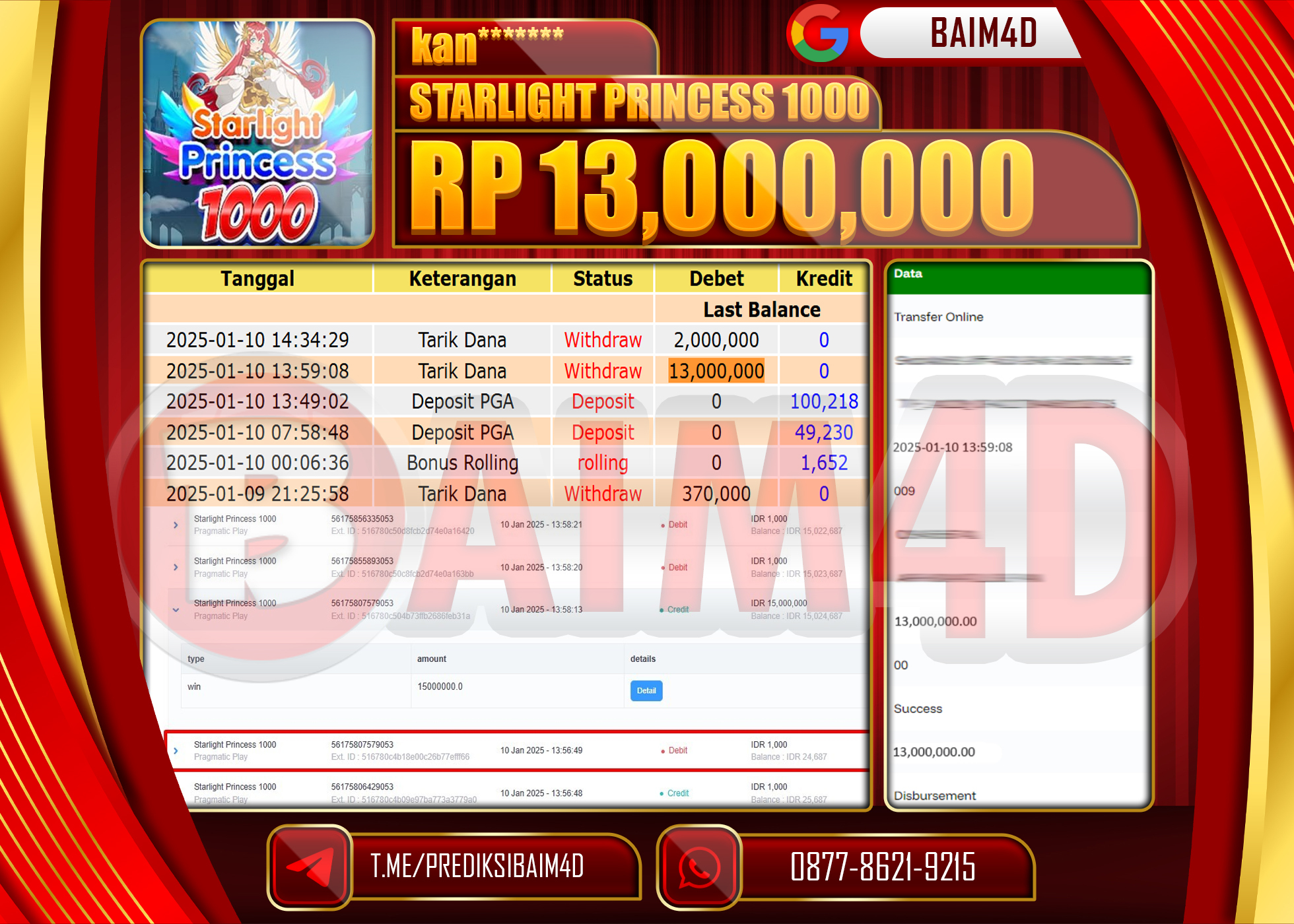 BAIM4D JACKPOT Menang SLOT Starlight Princess 1000 Rp.13,000,000.- LUNAS