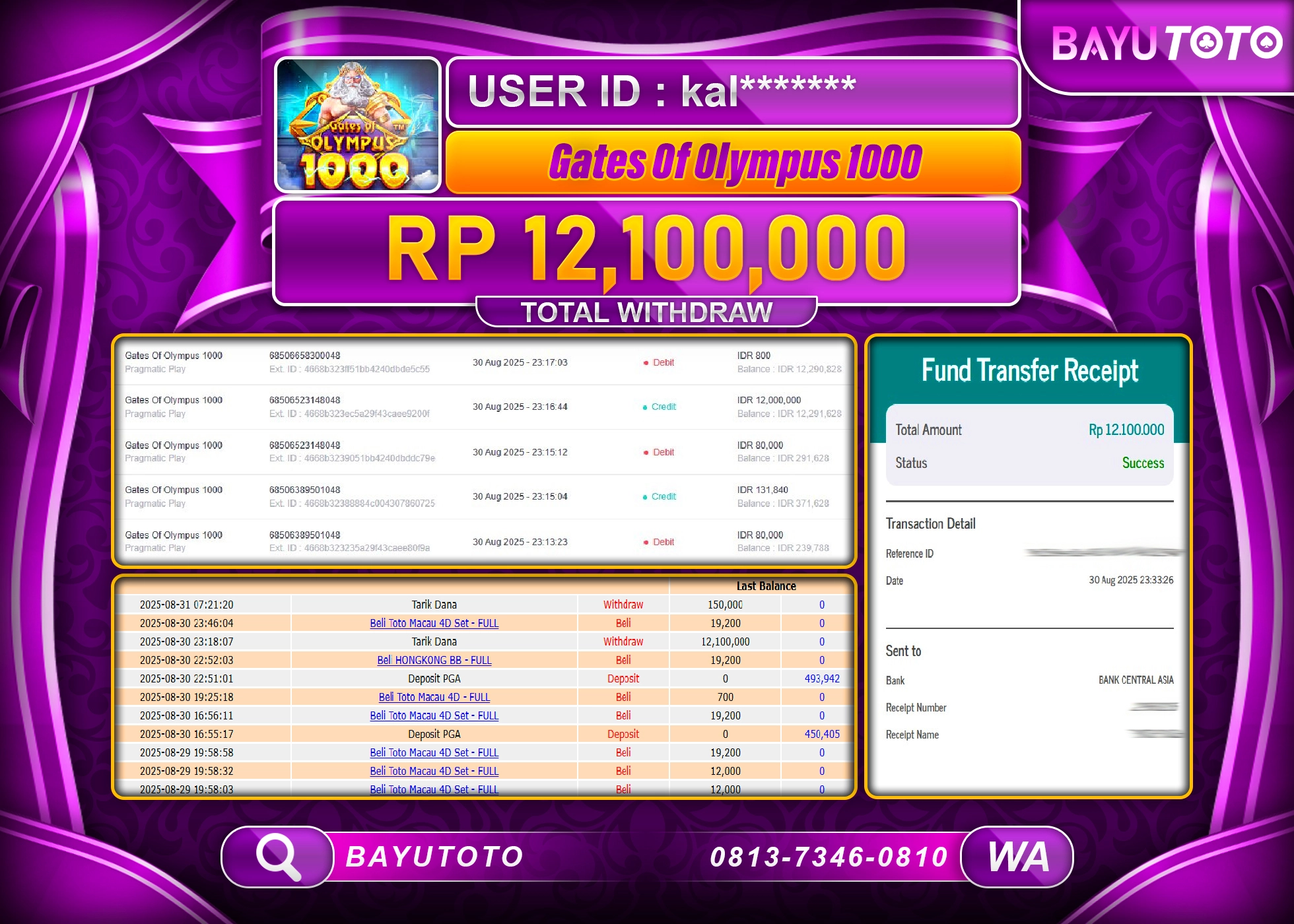BAYUTOTO JACKPOT SLOT PRAGMATIC GATE OF OLYMPUS 1000 Rp.12,100,000 LUNAS