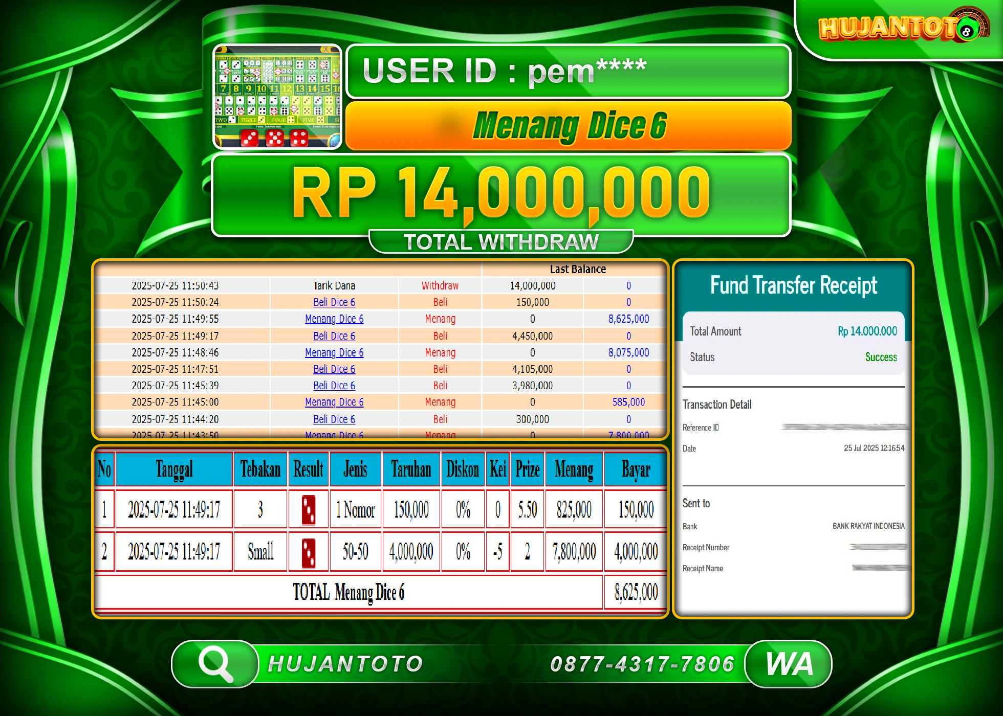 HUJANTOTO - BUKTI JACKPOT MENANG LIVEGAMES DICE 6 GAMES Rp.14,000,000 - TERBAYAR LUNAS