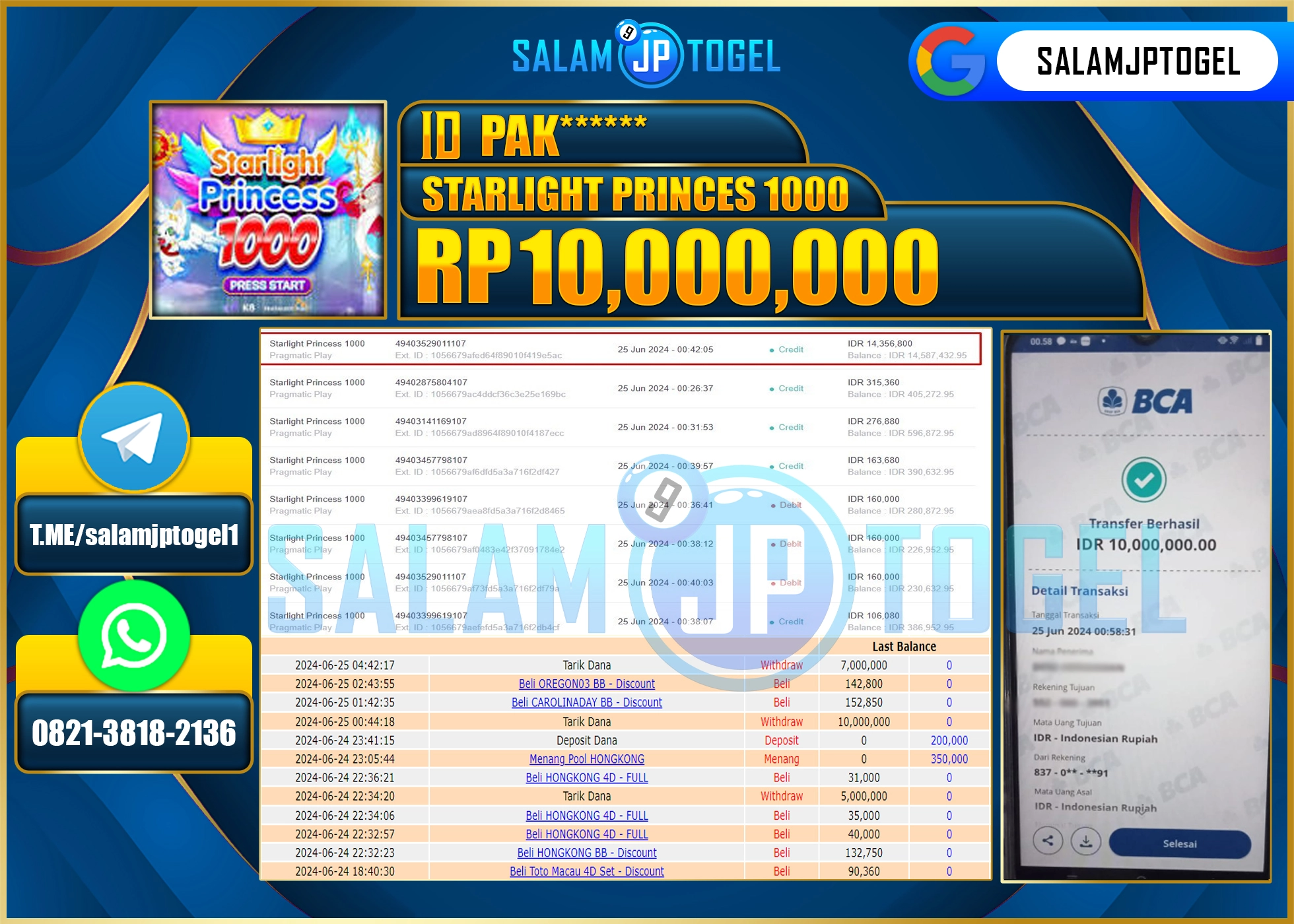 SALAMJPTOGEL MENANG STARLIGHT PRINCES 1000 RP. 10,000,000.,LUNAS