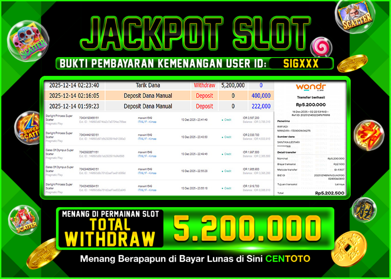 BUKTI JACKPOT SLOT CENTOTO  RP.5.200.000,-LUNAS