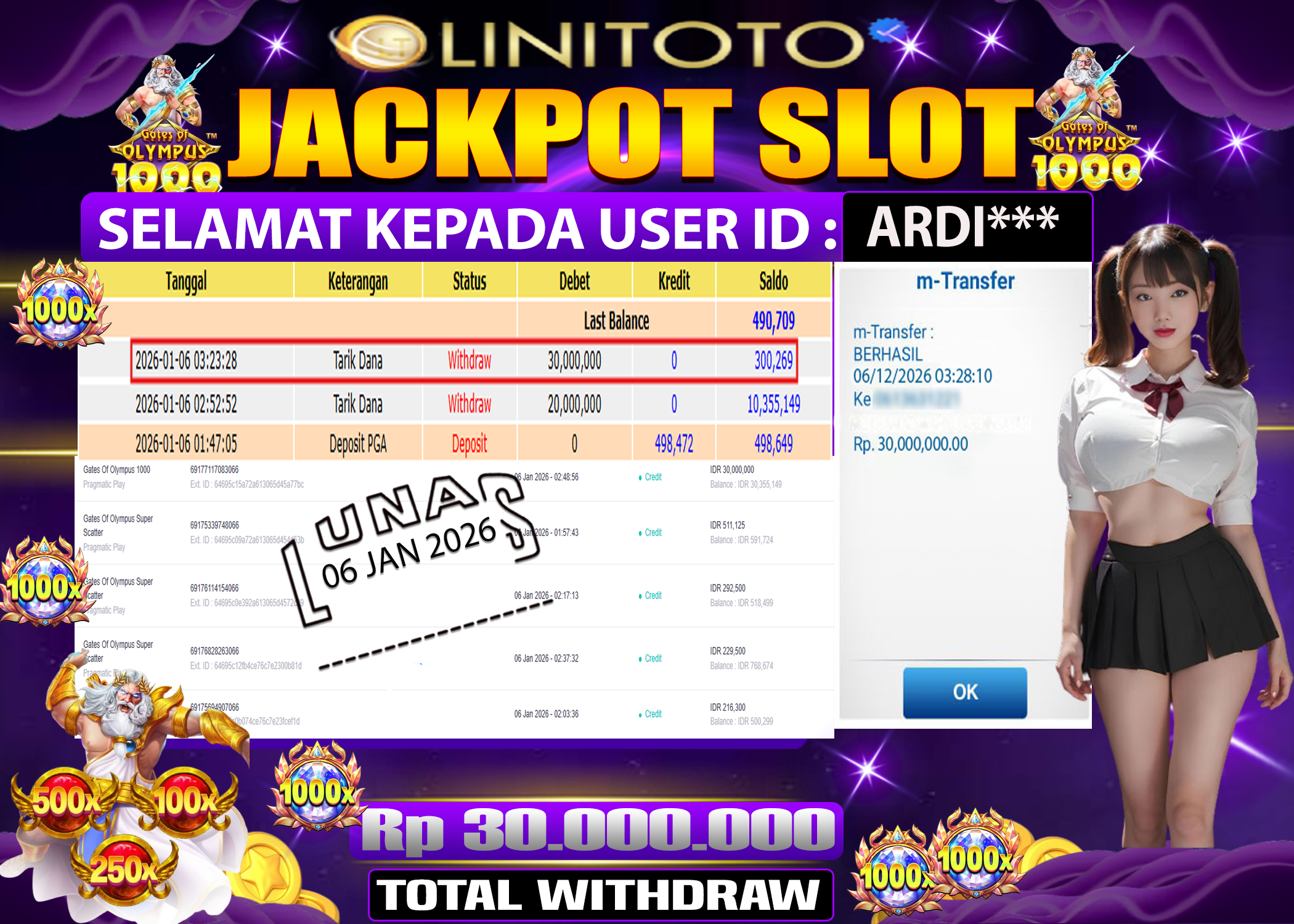 LINITOTO JACKPOT SLOT Gates Of Olympus 1000 Rp.30,000,000 - LUNAS