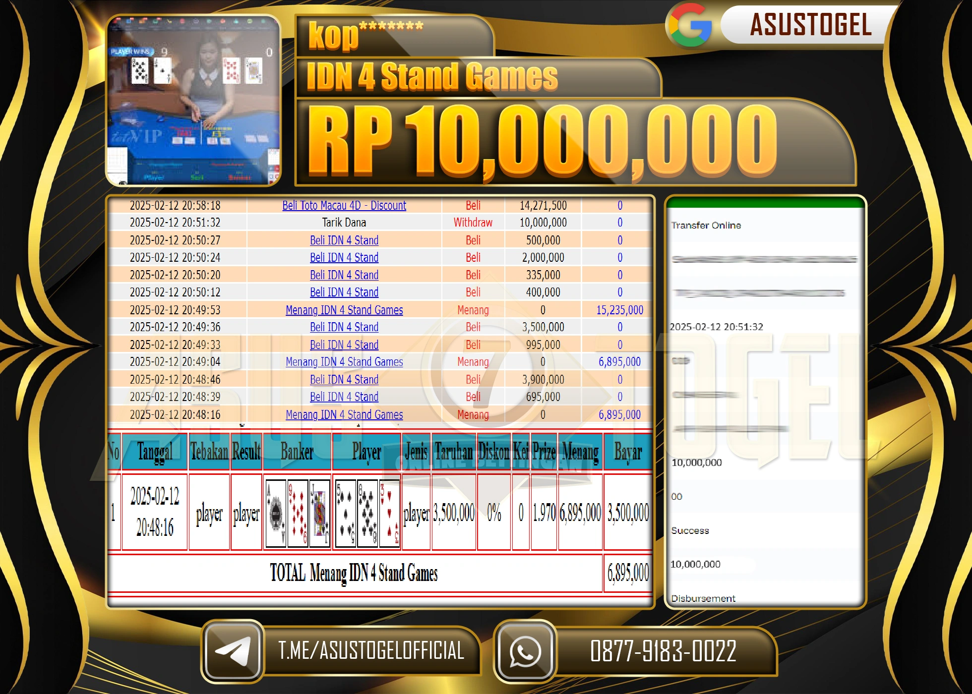 ASUSTOGEL KEMENANGAN DI IDN 4 STAND GAMES SEBESAR 10.000.000 - RUPIAH LUNAS