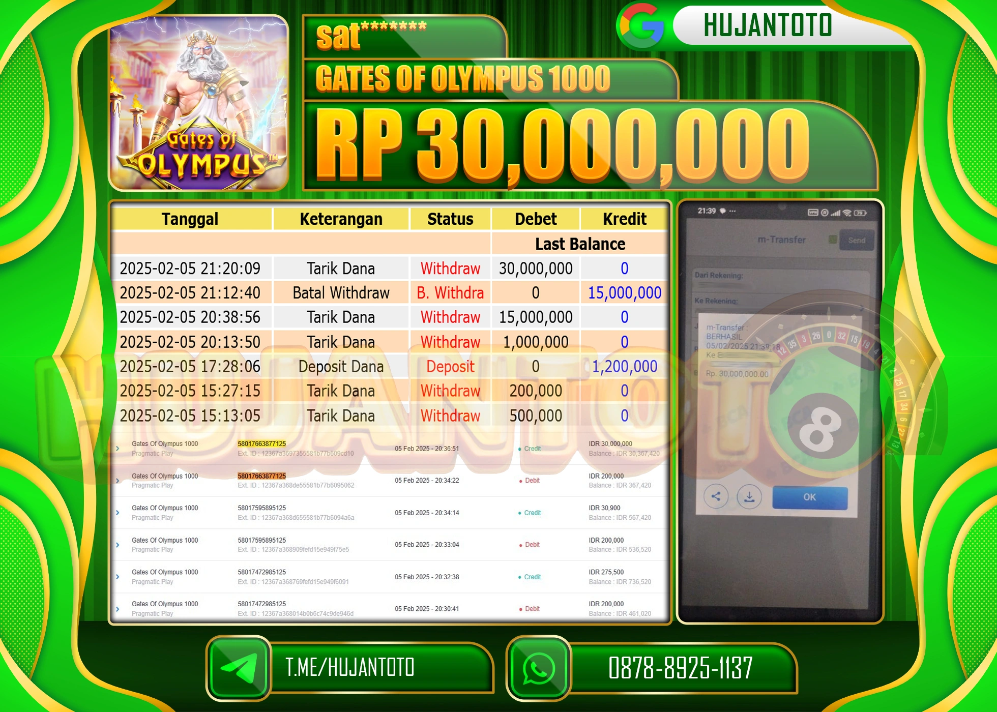 HUJANTOTO - BUKTI JACKPOT MENANG SLOT GATES OF OLYMPUS 1000 Rp,30,000,000 - TERBAYAR LUNAS
