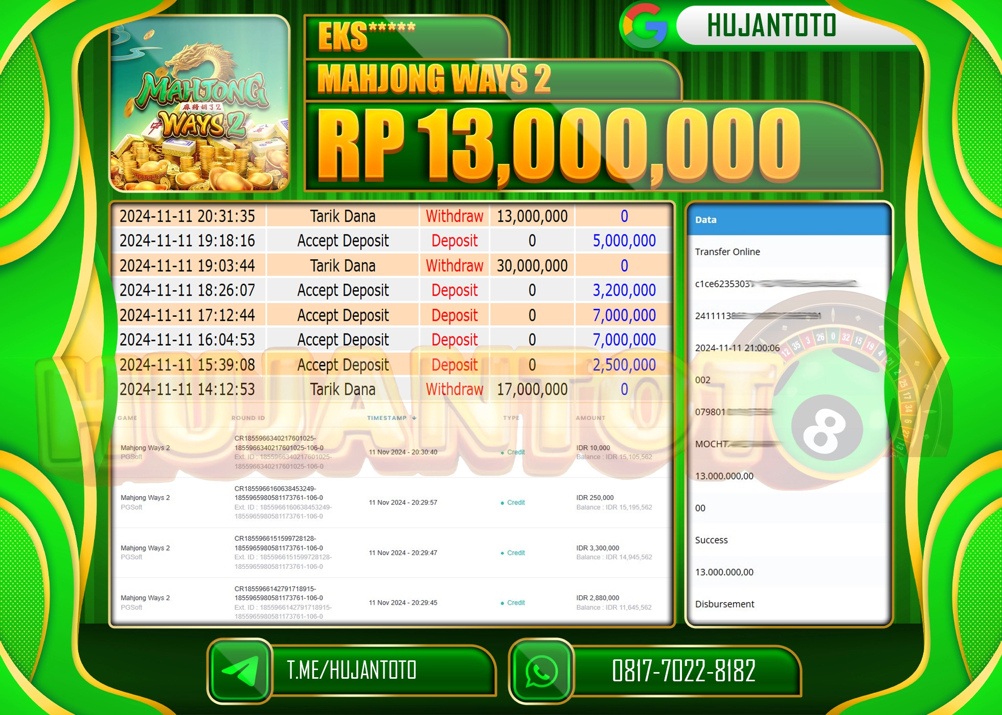 HUJANTOTO MENANG DI RAIH DI PERMAINAN  SLOT MAHJONG WAYS 2   - 13,000,000  - LUNAS