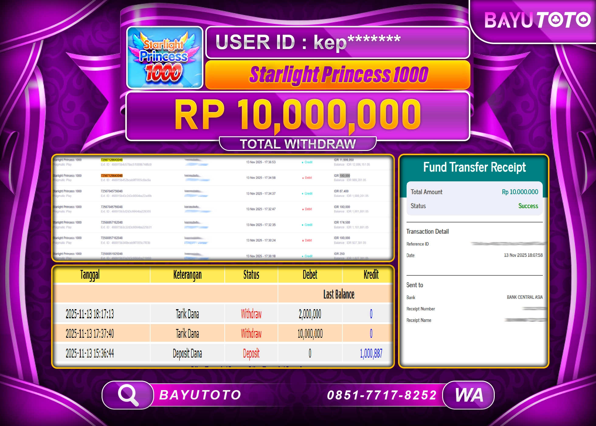 MEMBER BAYUTOTO JACKPOT DI SLOT STARLIGHT PRINCESS 1000 Rp. 10,000,000 LUNAS