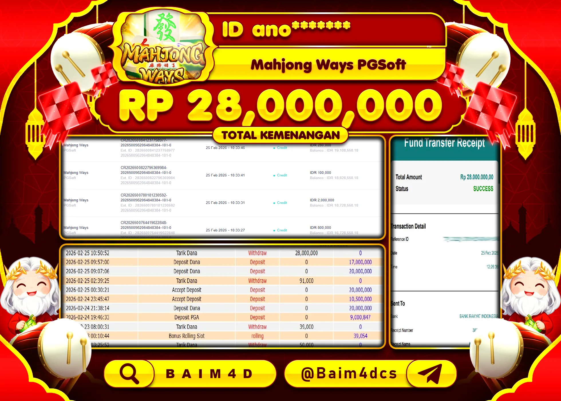 BAIM4D JACKPOT SLOT MAHJONG WAYS PG SOFT Rp.28,000,000 - LUNAS