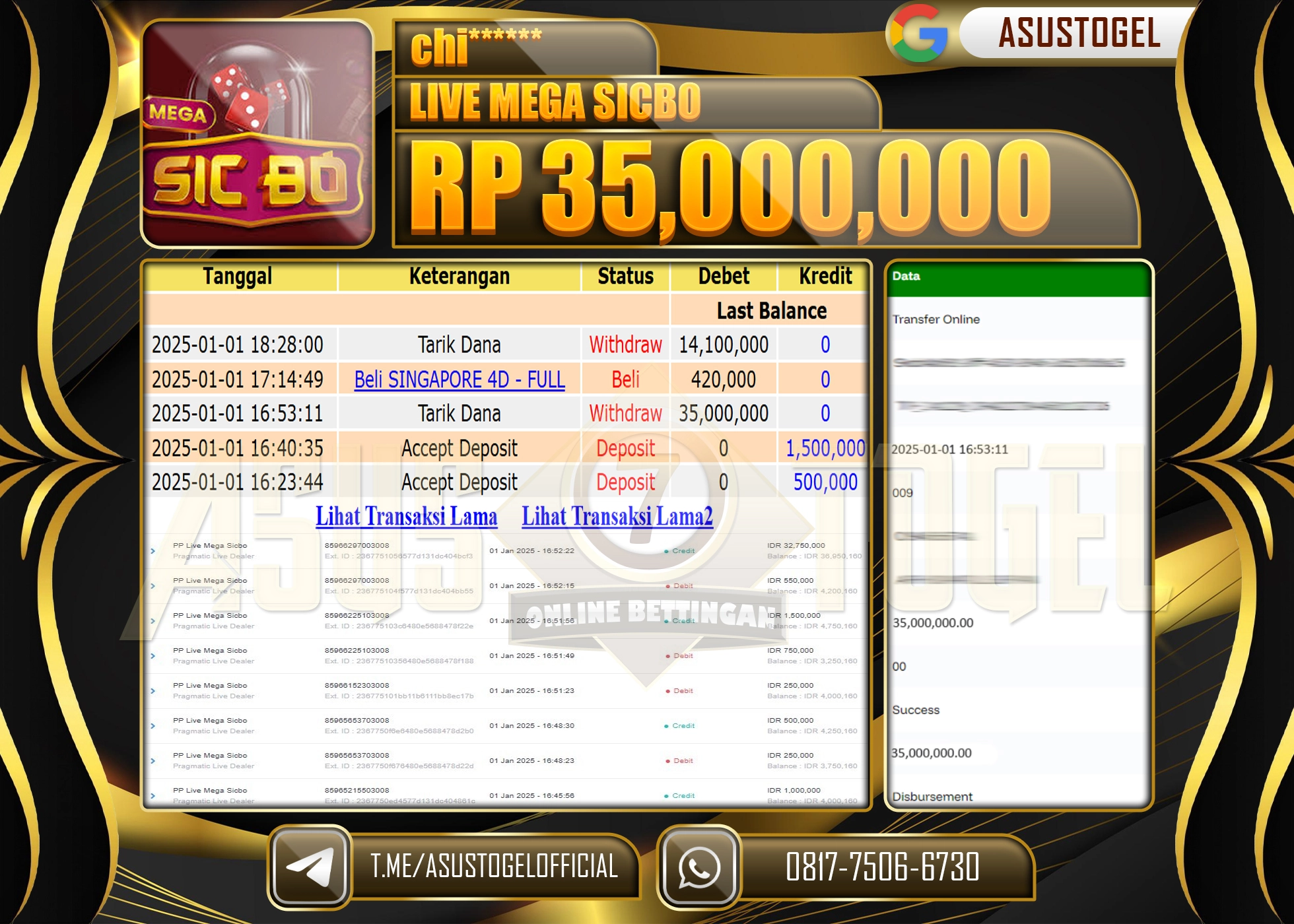 ASUSTOGEL KEMENANGAN DI LIVE MEGA SICBO  SEBESAR 35,000,000- RUPIAH LUNAS