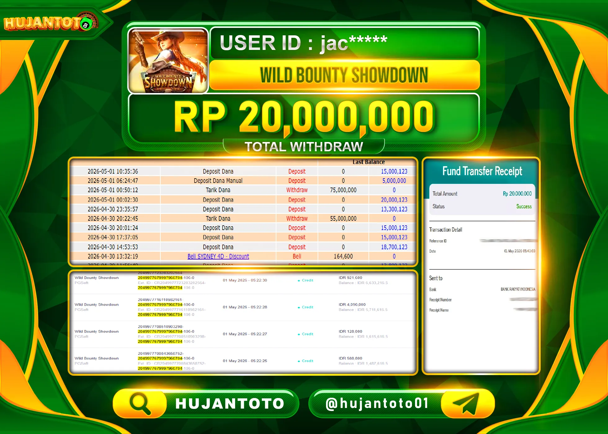 HUJANTOTO - BUKTI JACKPOT MENANG WILD BOUNTY SHOWDOWN Rp.20,000,000 - TERBAYAR LUNAS