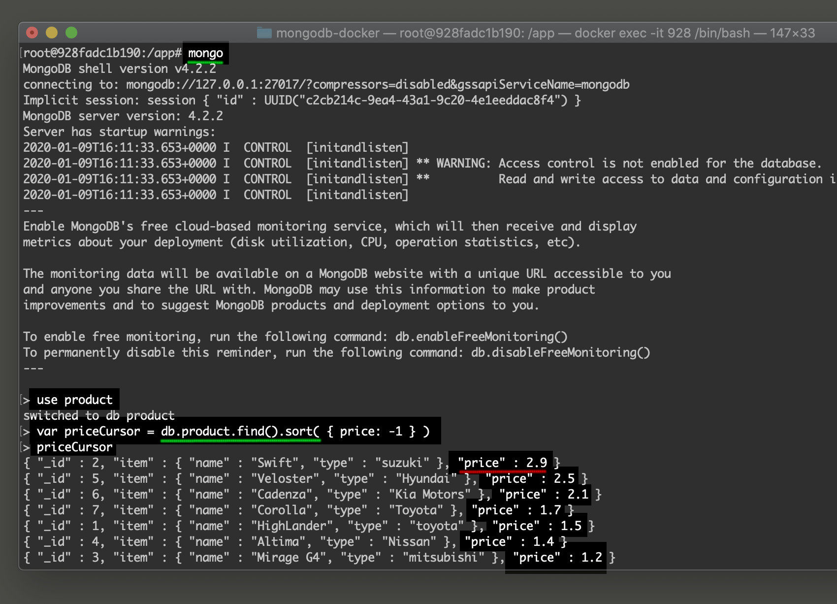 Screenshot of MongoDB sort by field cursor object